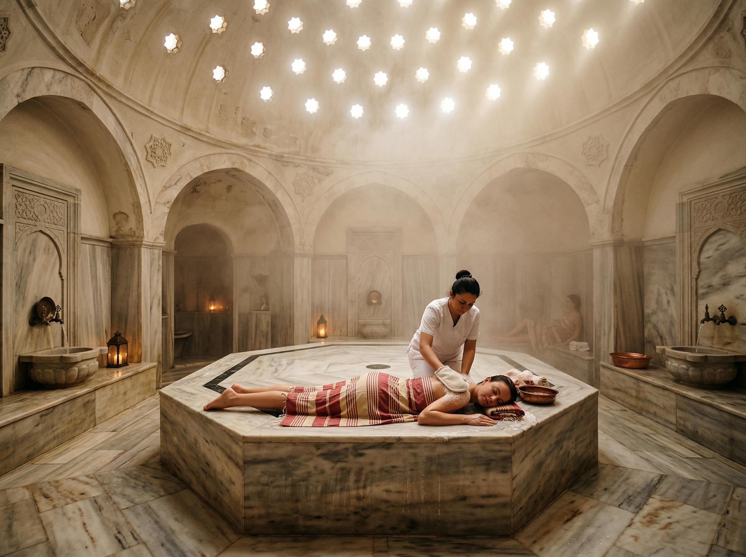 Traditional Turkish hammam with ornate marble domed ceiling, star-shaped skylights, and steam rising from the heated marble slab