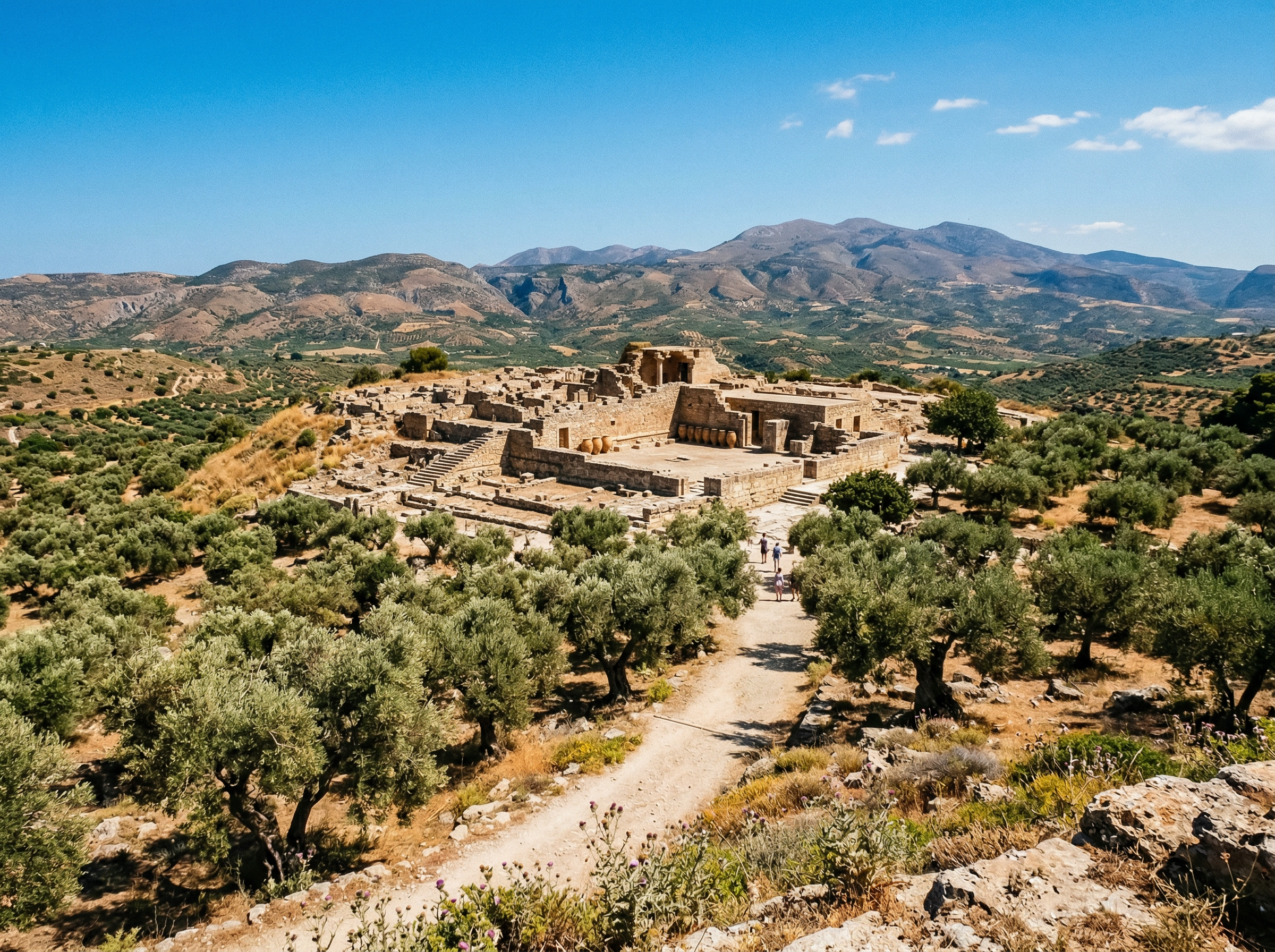 Ancient Minoan palace ruins at Knossos surrounded by olive groves, Crete