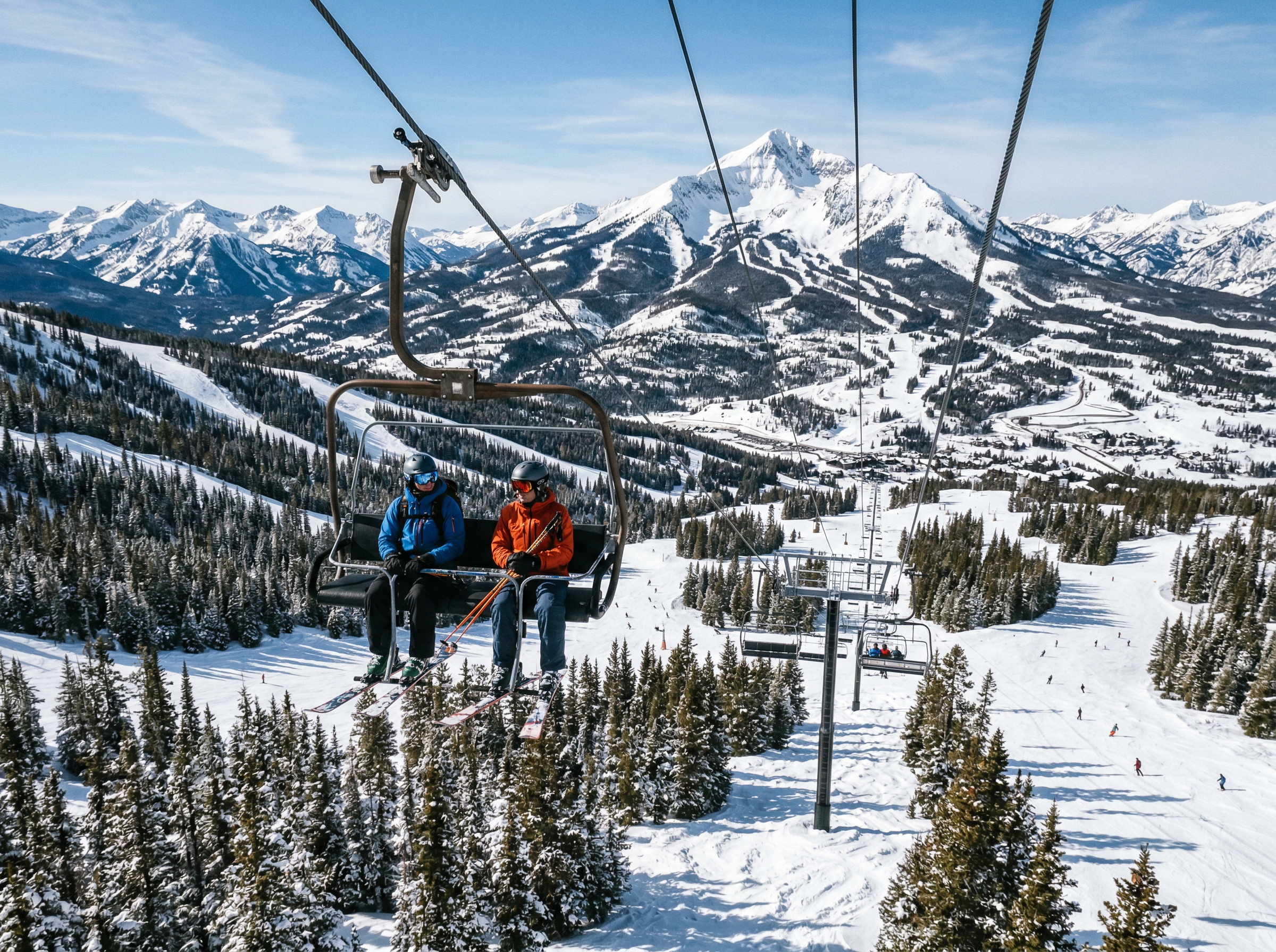 Two skiers on a chairlift high above a Montana ski resort with snow-covered peaks in the distance