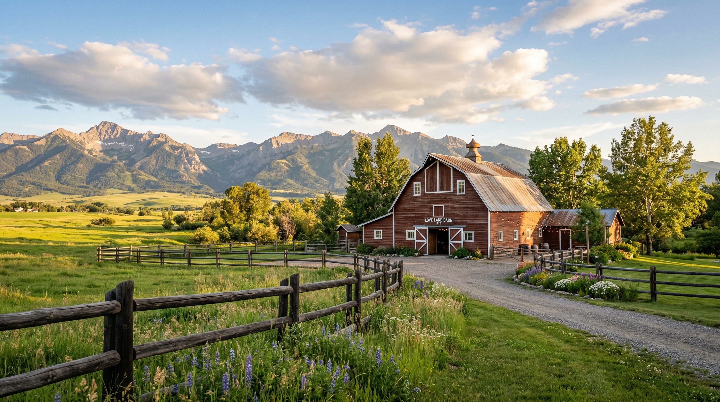 Love Lane Barn rustic red barn wedding venue surrounded by Montana countryside with mountain views and wooden fence