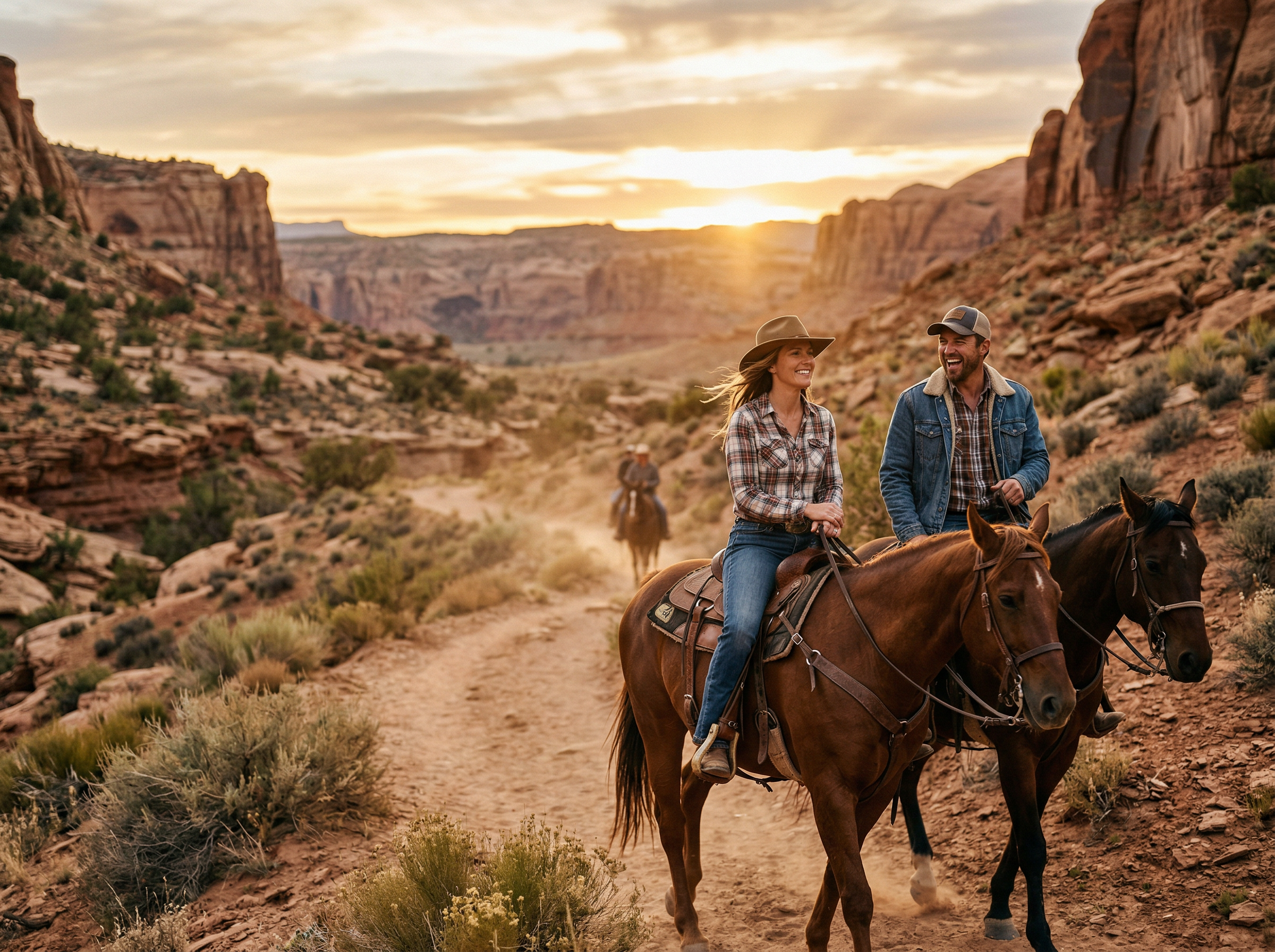 Couple smiling on horseback riding through scenic Nevada desert canyon at sunset