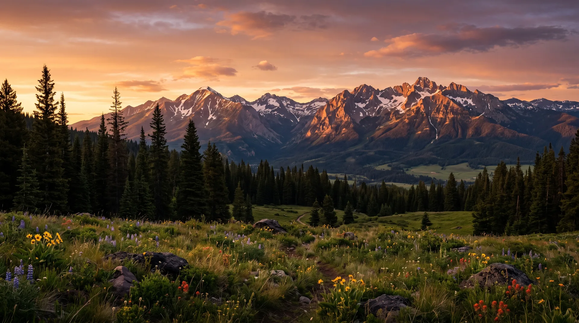 Dramatic Montana mountain landscape at golden hour with snow-capped peaks and green meadows