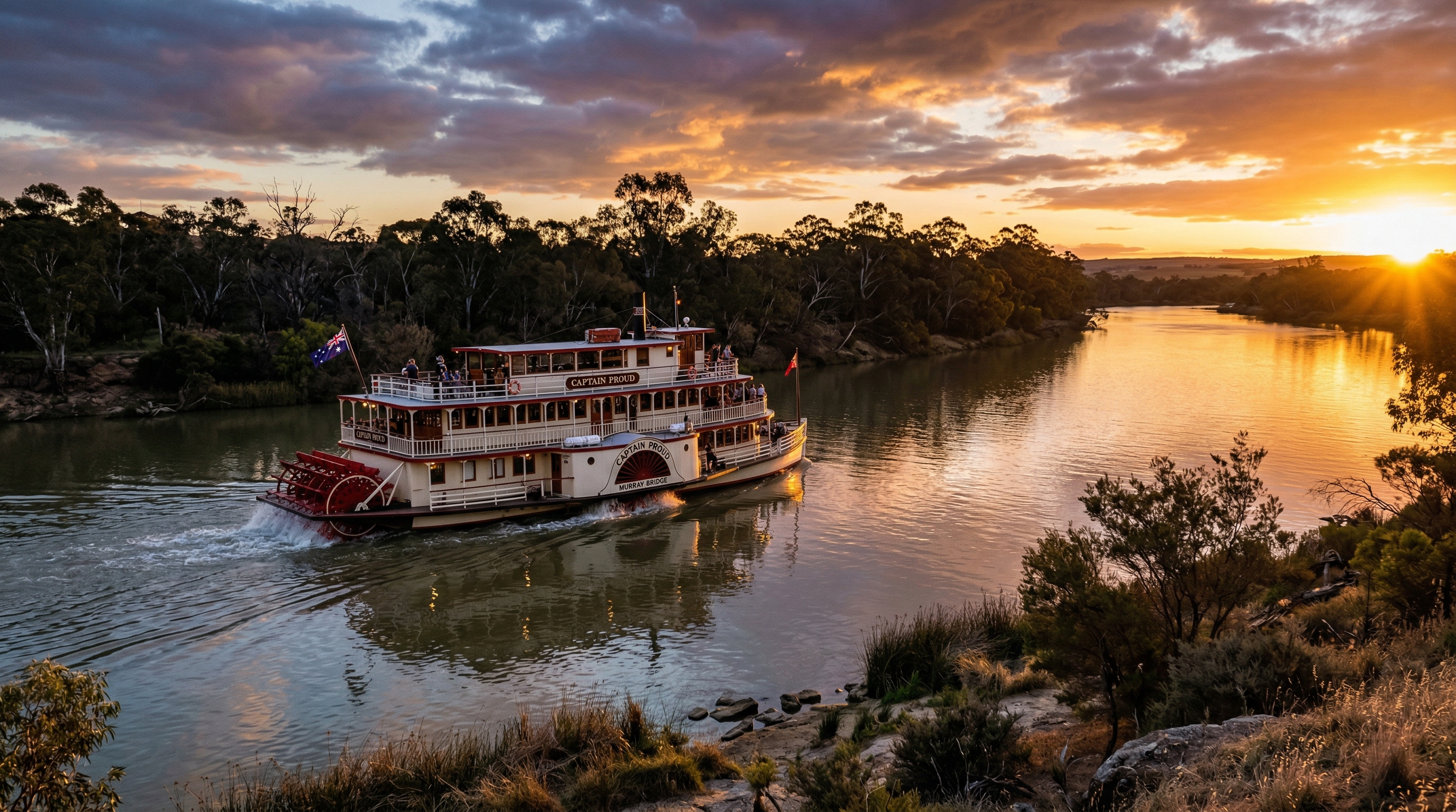 Captain Proud paddle boat cruising the River Murray at golden sunset