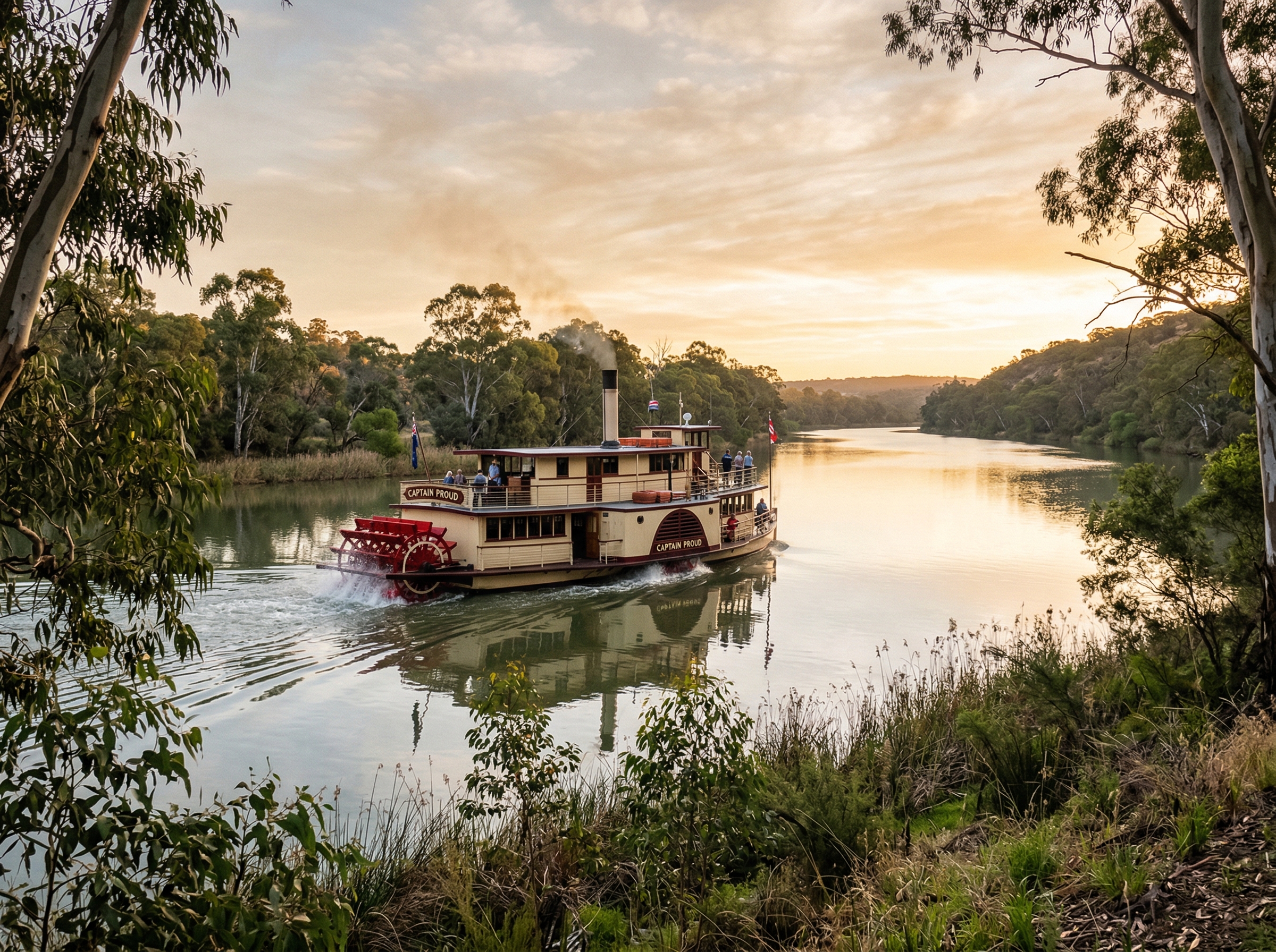 Captain Proud paddle boat cruising the River Murray at golden hour