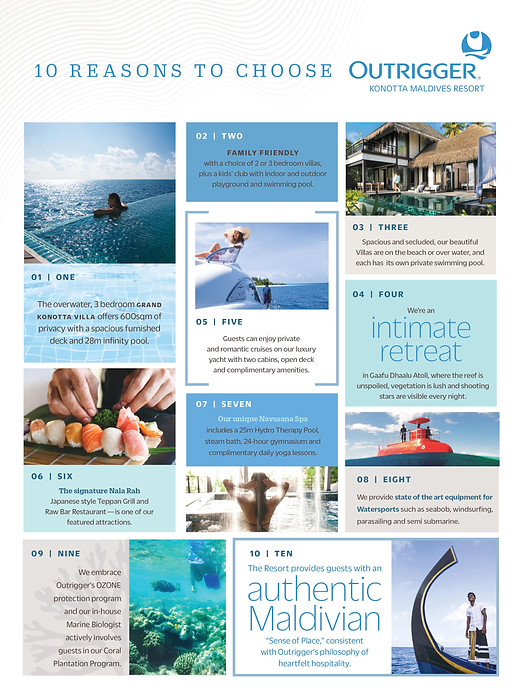 Collage of resort scenes: overwater villa, snorkeling, water sports and fine dining