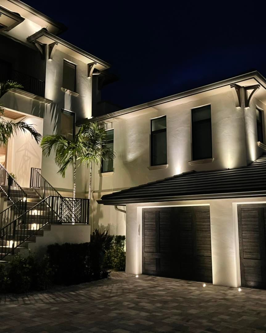 Home exterior with professional low voltage LED architectural lighting installation