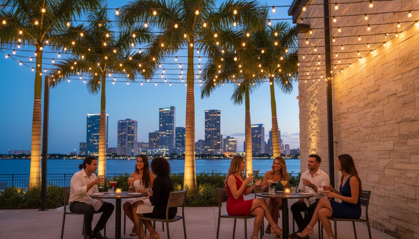 Restaurant patio with professional LED lighting creating a warm, atmospheric dining environment at night