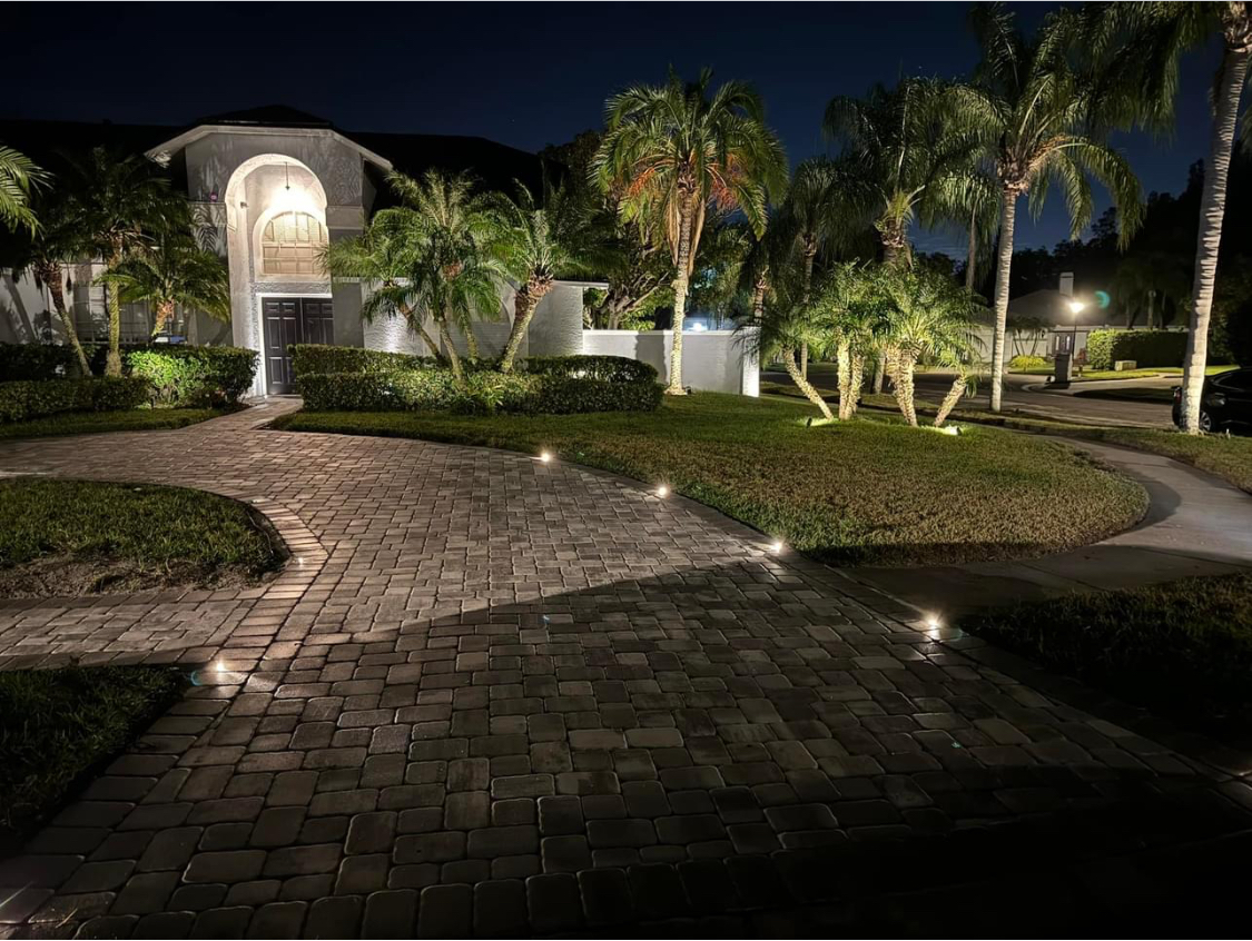 Large residential home at night with curved paver driveway, recessed pathway lights, and dramatic landscape uplighting on palm trees