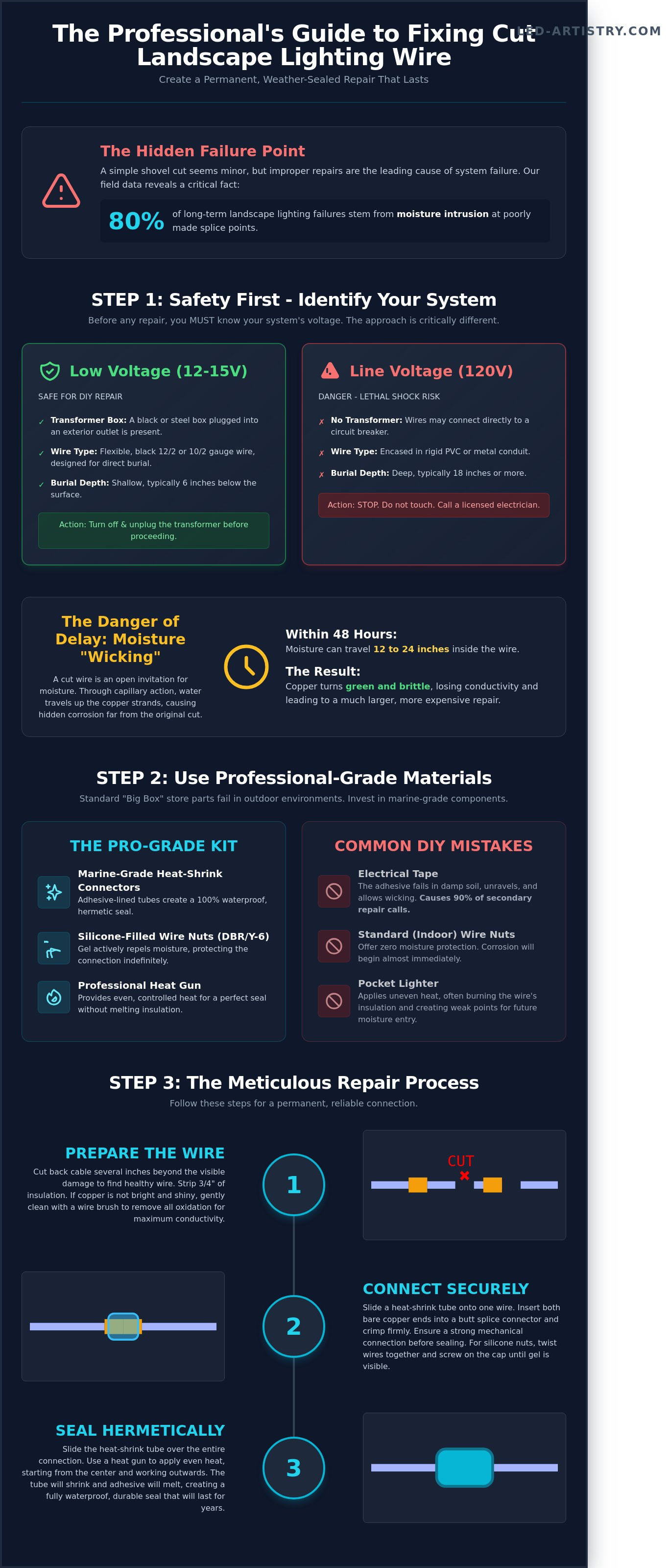 Infographic showing the step-by-step process for fixing cut landscape lighting wire with marine-grade materials