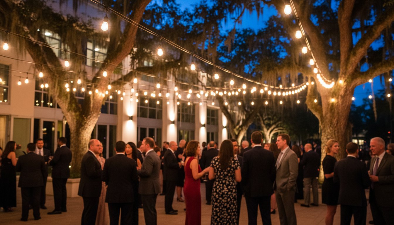 Professional outdoor event lighting installation in Tampa, Florida at night