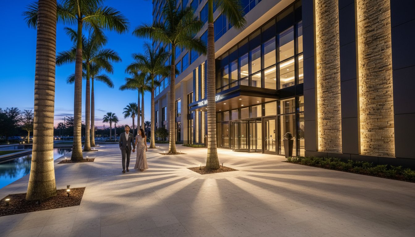 Luxury hotel exterior at night with dramatic landscape uplighting illuminating palm trees and architectural facade