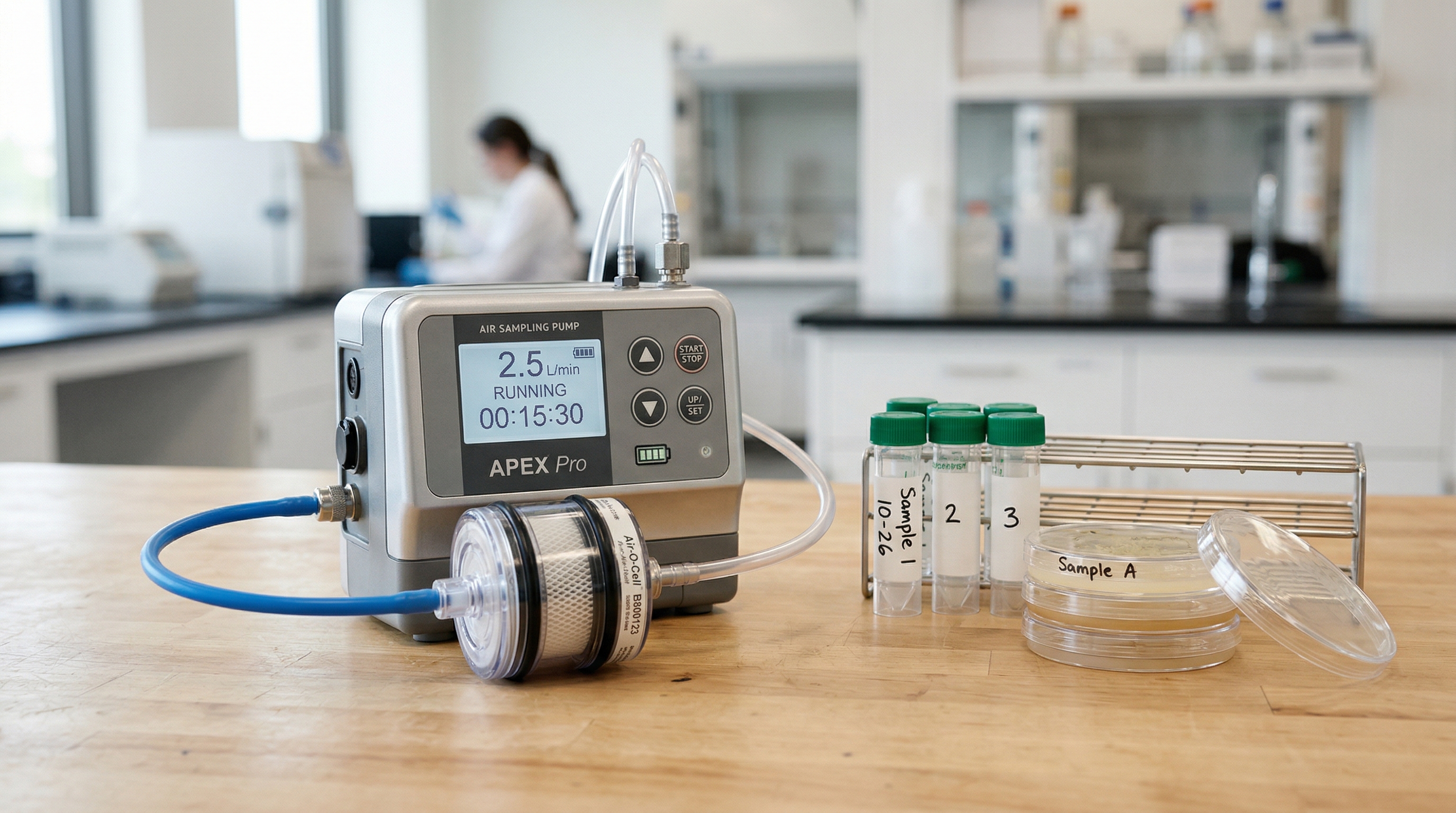 Professional air sampling equipment and laboratory sample vials used in mold testing