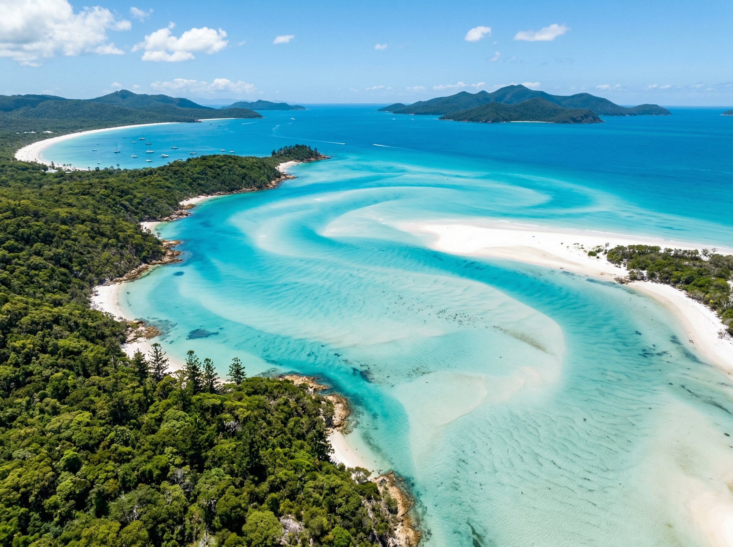 Aerial view of Whitehaven Beach in the Whitsundays, Australia, showing iconic swirling white silica sand patterns meeting vivid turquoise water