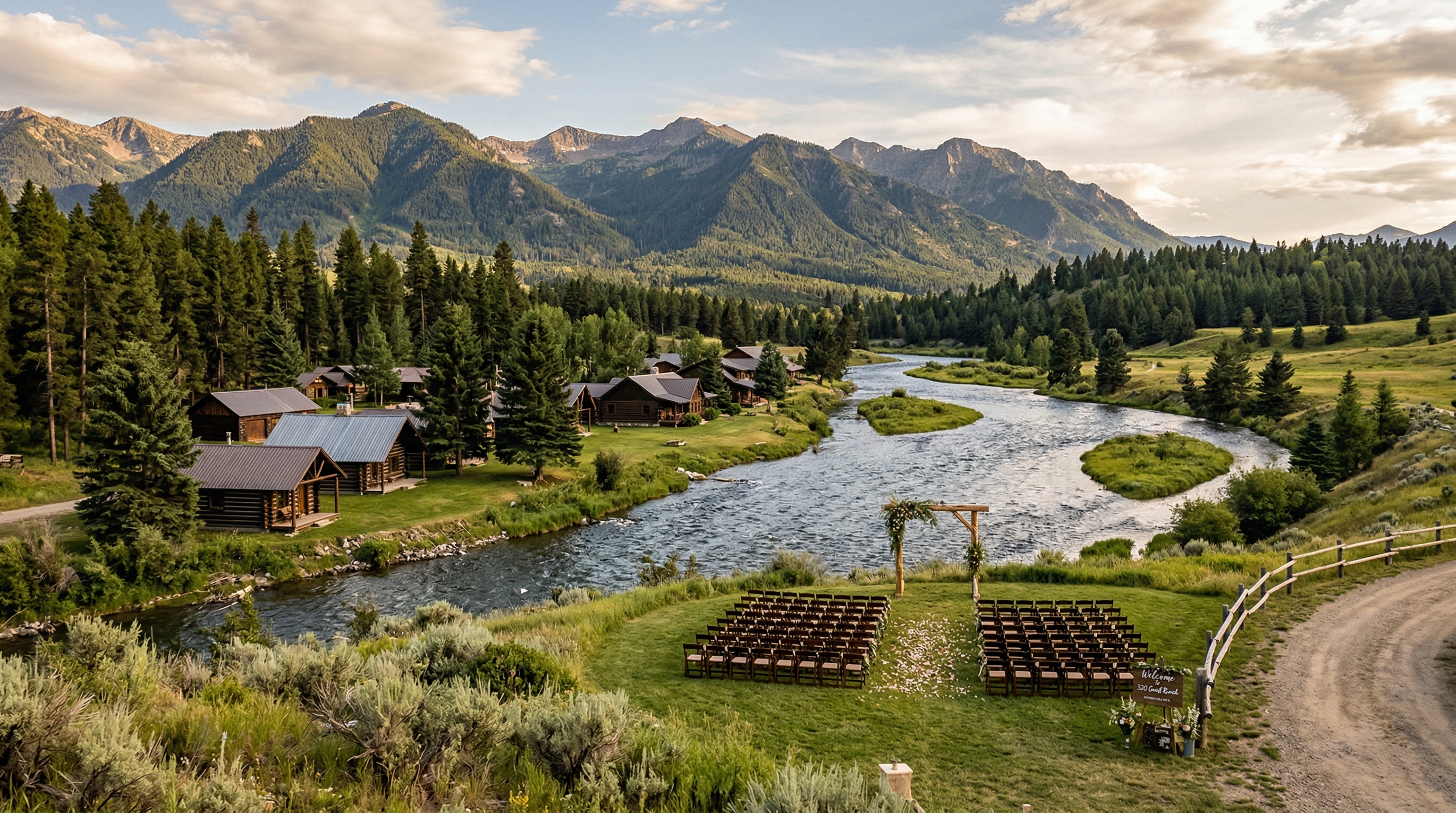 320 Guest Ranch Gallatin Canyon Montana aerial view of ranch cabins along the Gallatin River with mountains and wedding ceremony setup