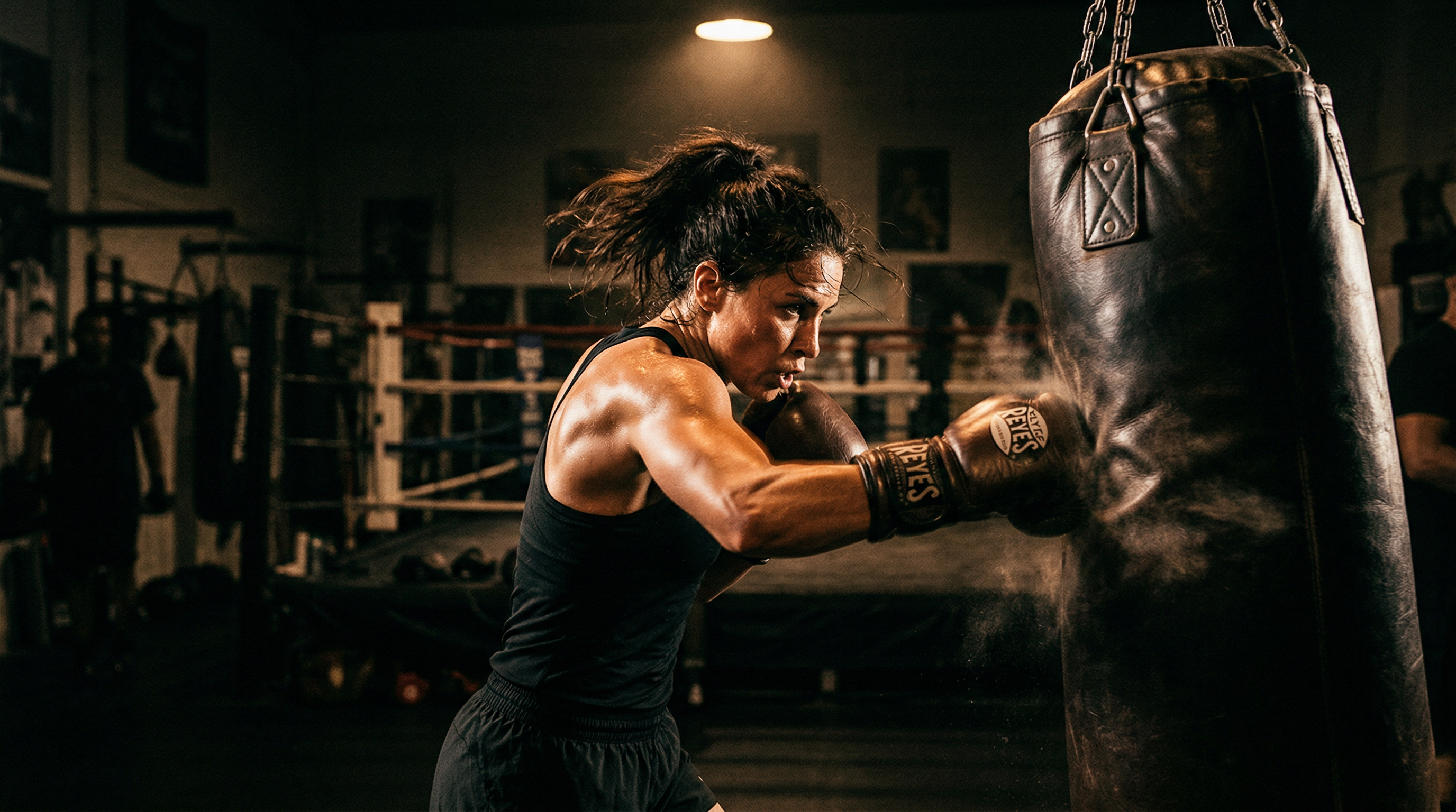 Boxer throwing a powerful punch at a heavy bag in a dark gym