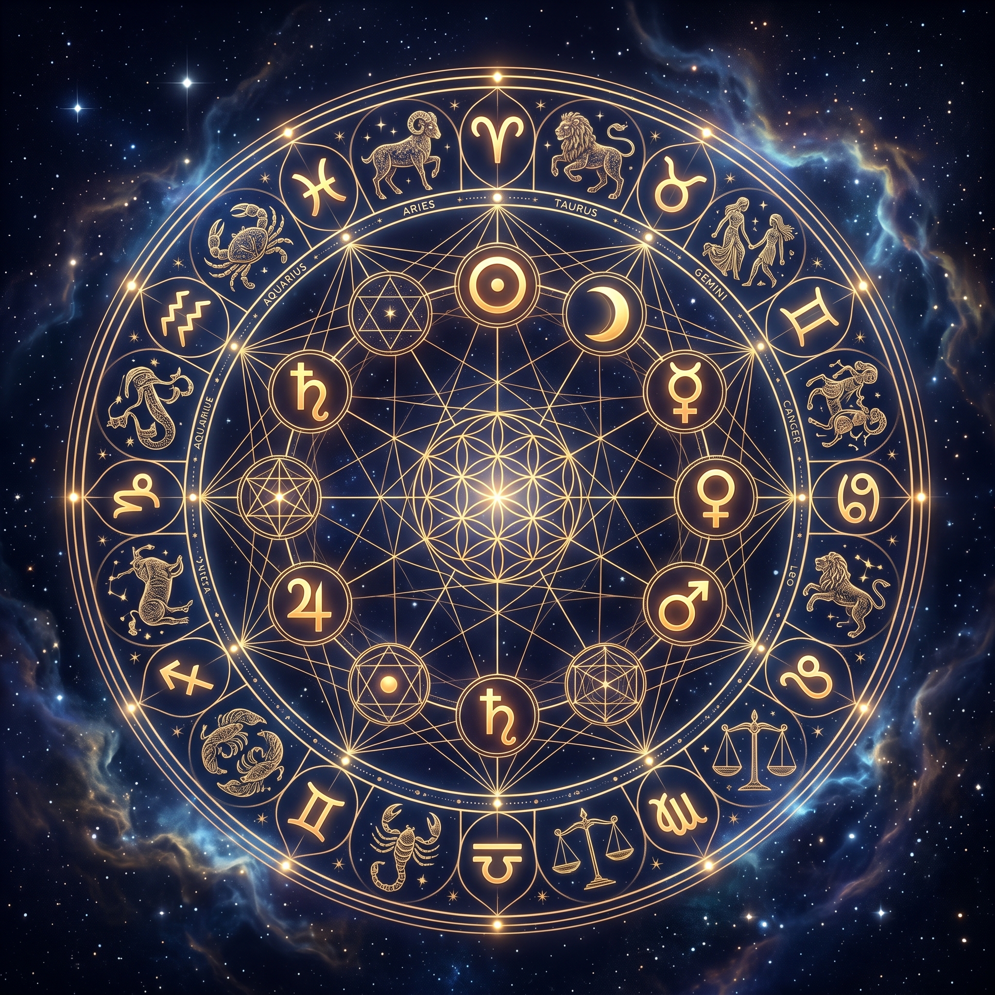 Luminous zodiac wheel with planetary symbols in sacred geometry pattern against deep space