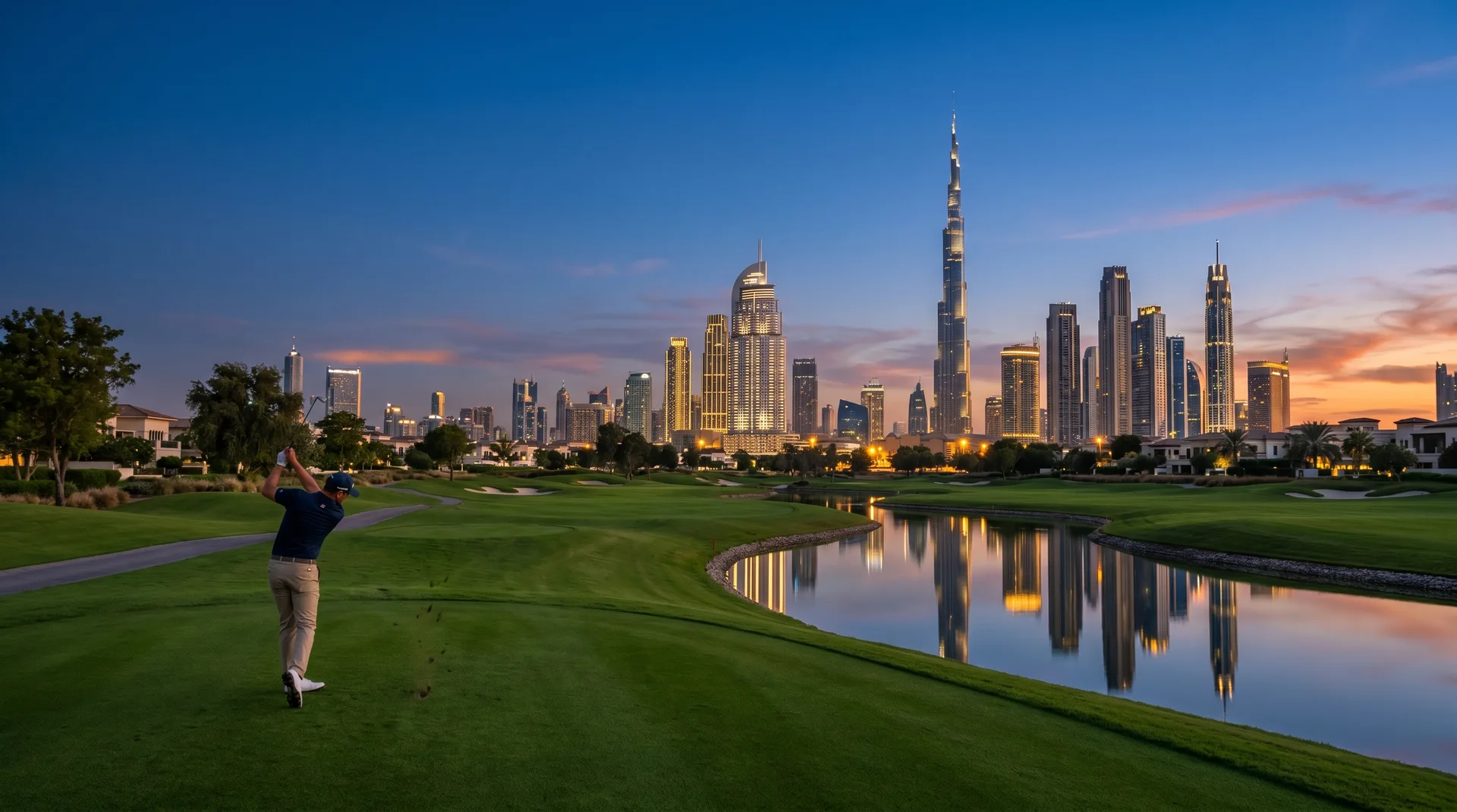 Dubai golf course with Burj Khalifa skyline at dusk