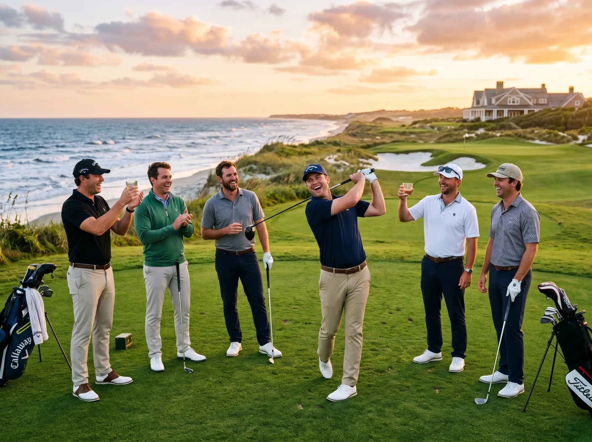 Group of men playing golf on championship coastal course at sunset