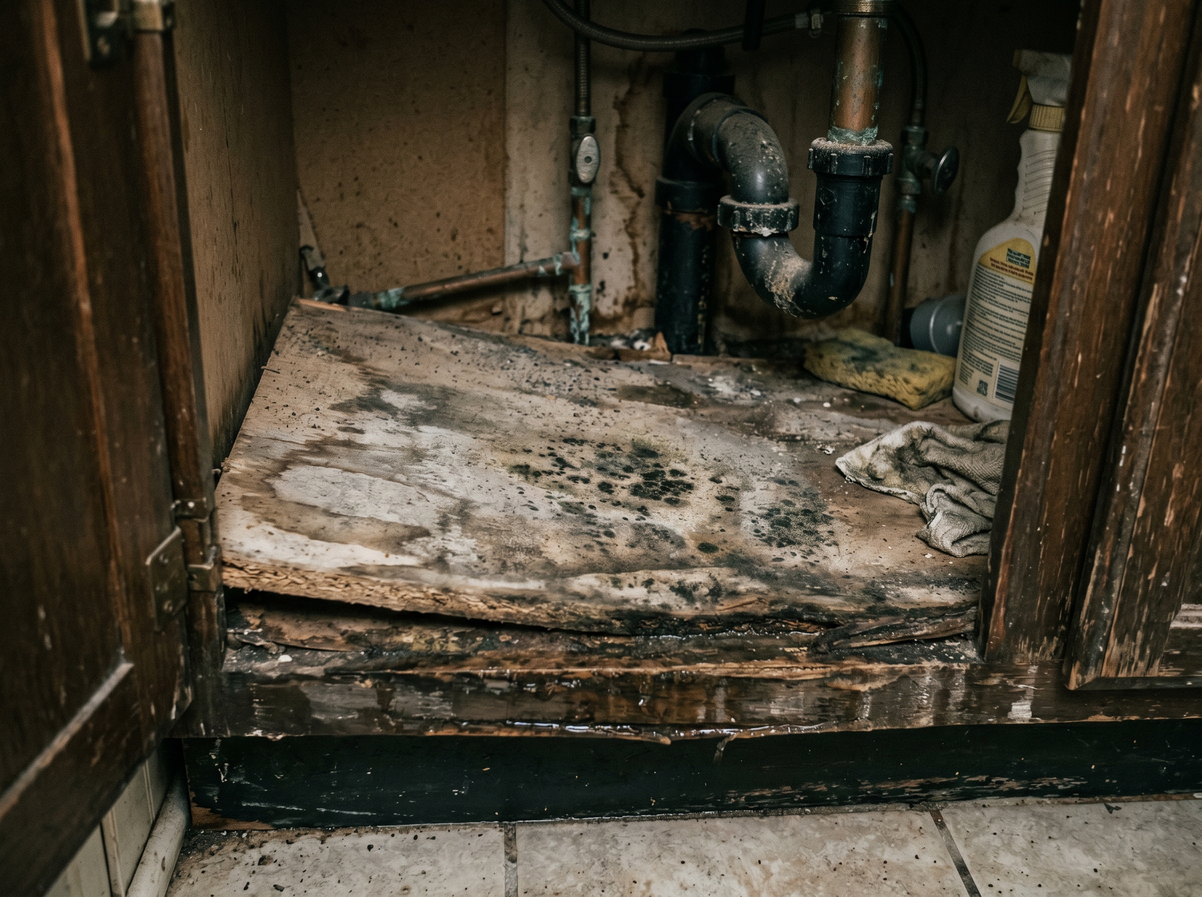 Under bathroom vanity cabinet showing water-damaged particle board with gray-brown discoloration and mold staining from a slow plumbing leak
