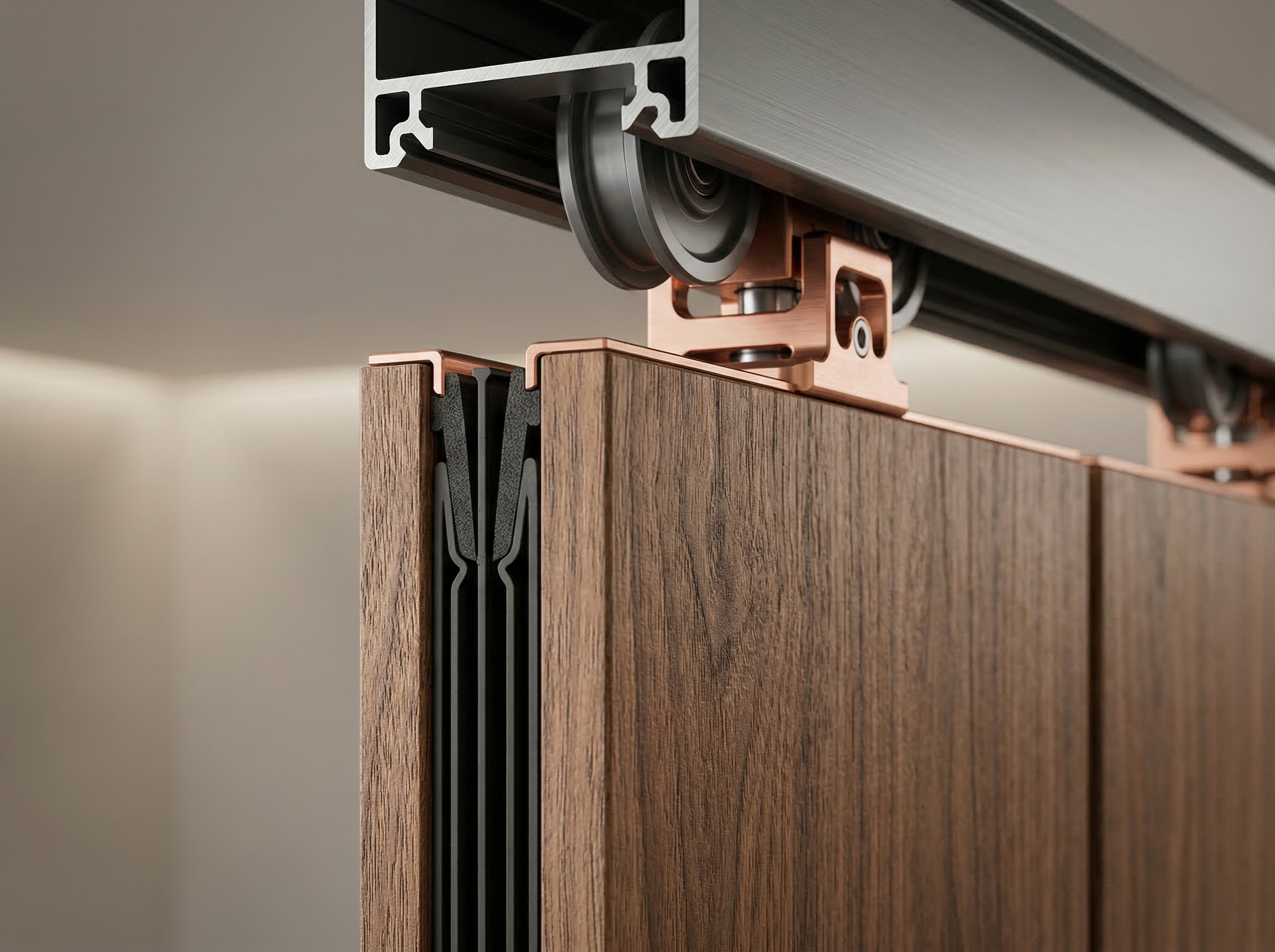 Close-up of movable acoustic wall panel edge seal and top track mechanism with copper hardware