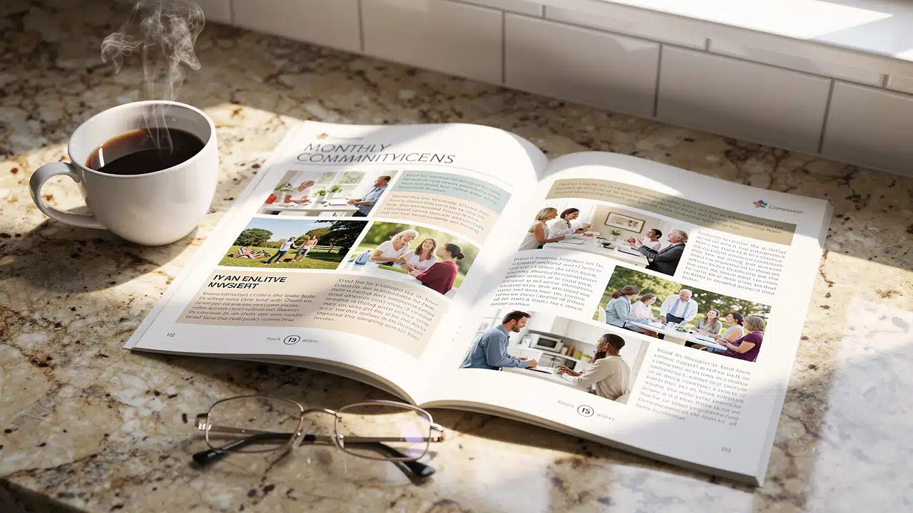 Front Porch Atlanta HOA newsletter on a kitchen counter in an affluent home