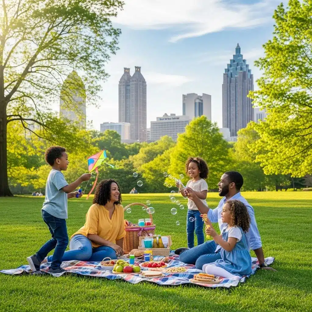 Families enjoying outdoor activities together at an Atlanta park