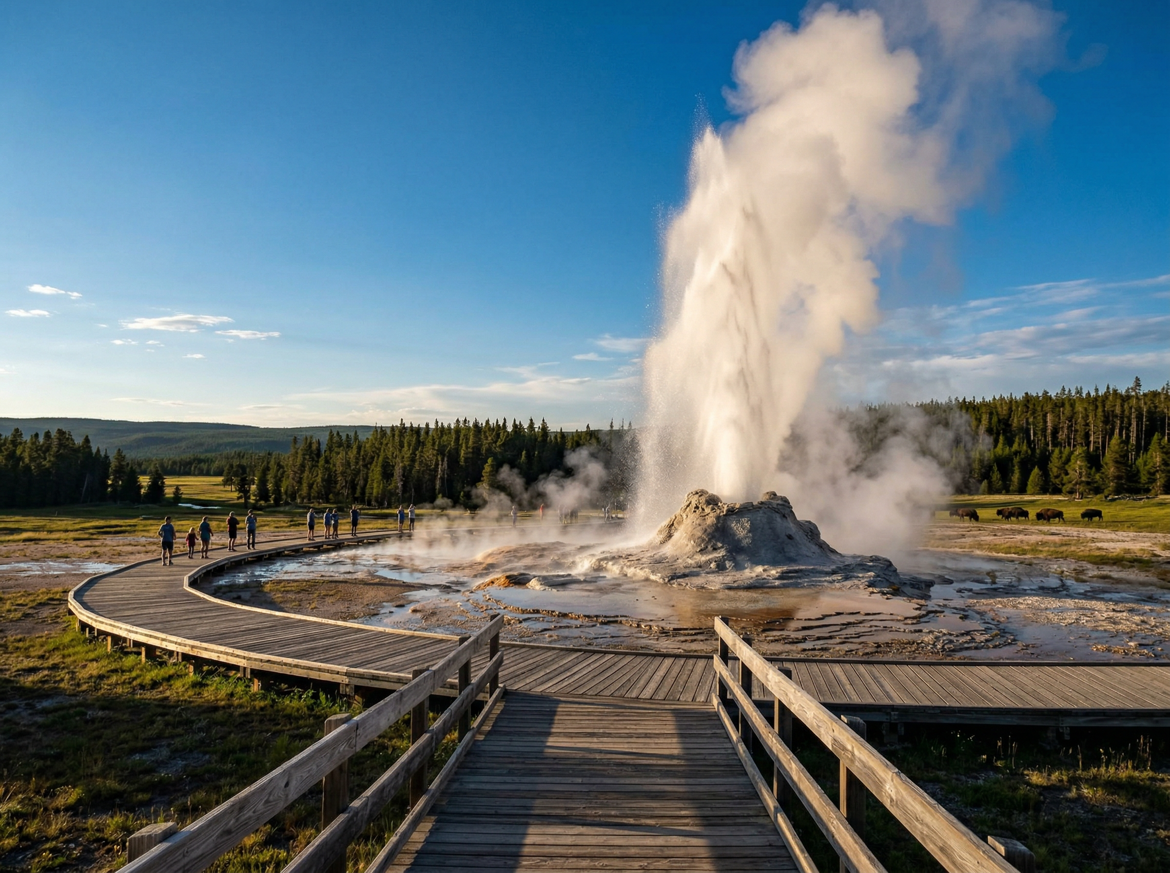 Old Faithful geyser erupting at Yellowstone National Park with visitors on boardwalk