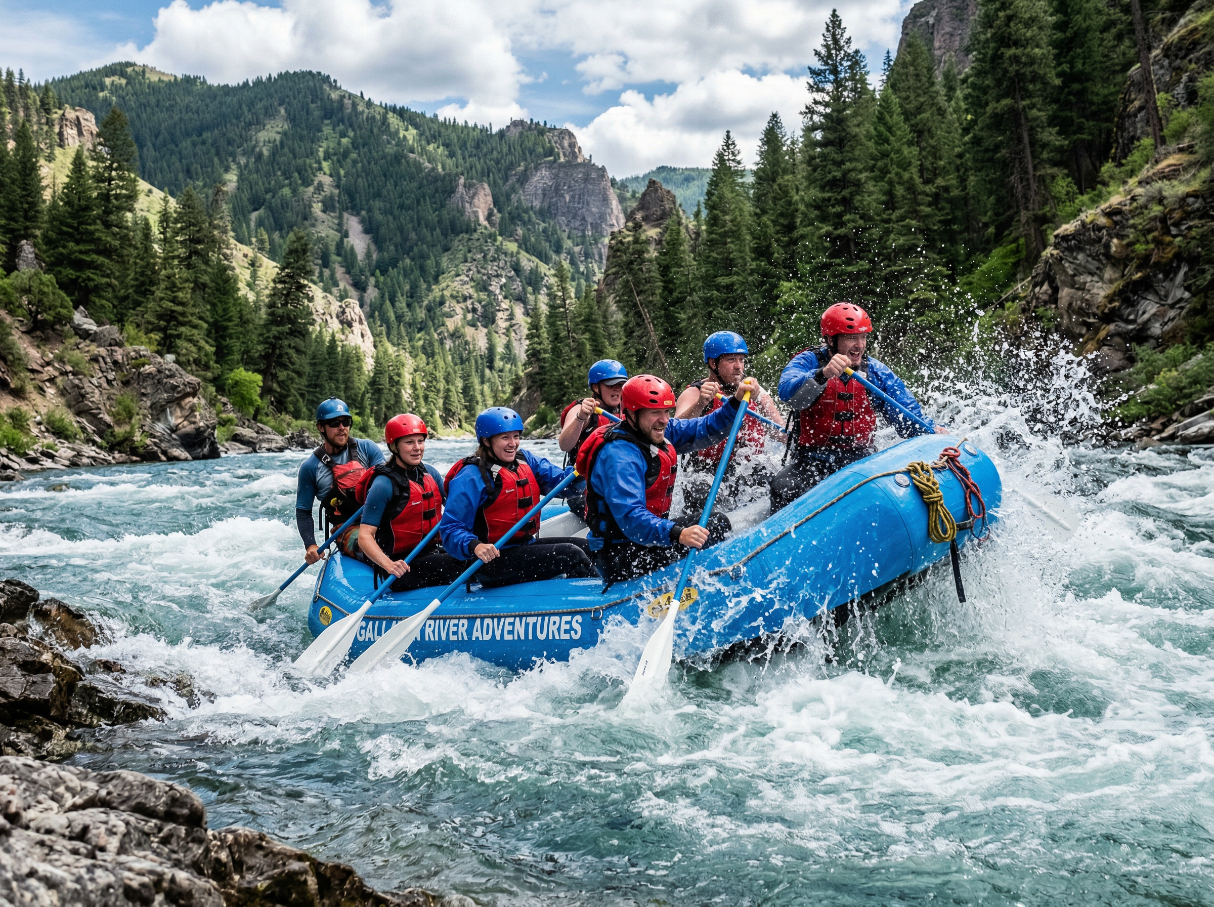 Rafters paddling through white water rapids on the Gallatin River Montana