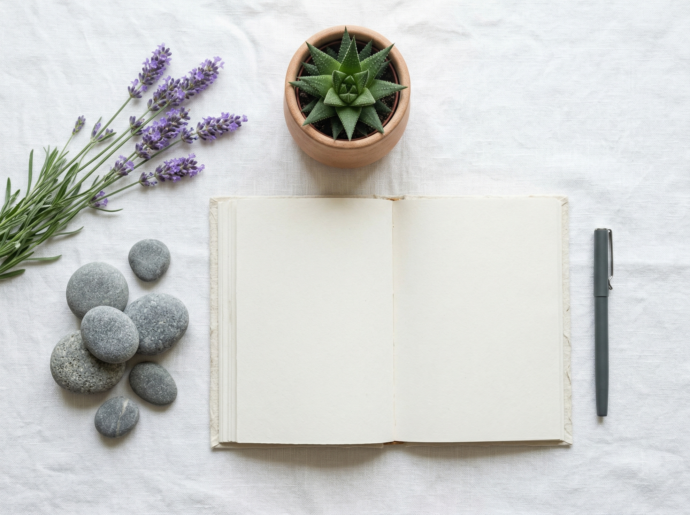 Mindfulness accessories including lavender, stones, and a journal