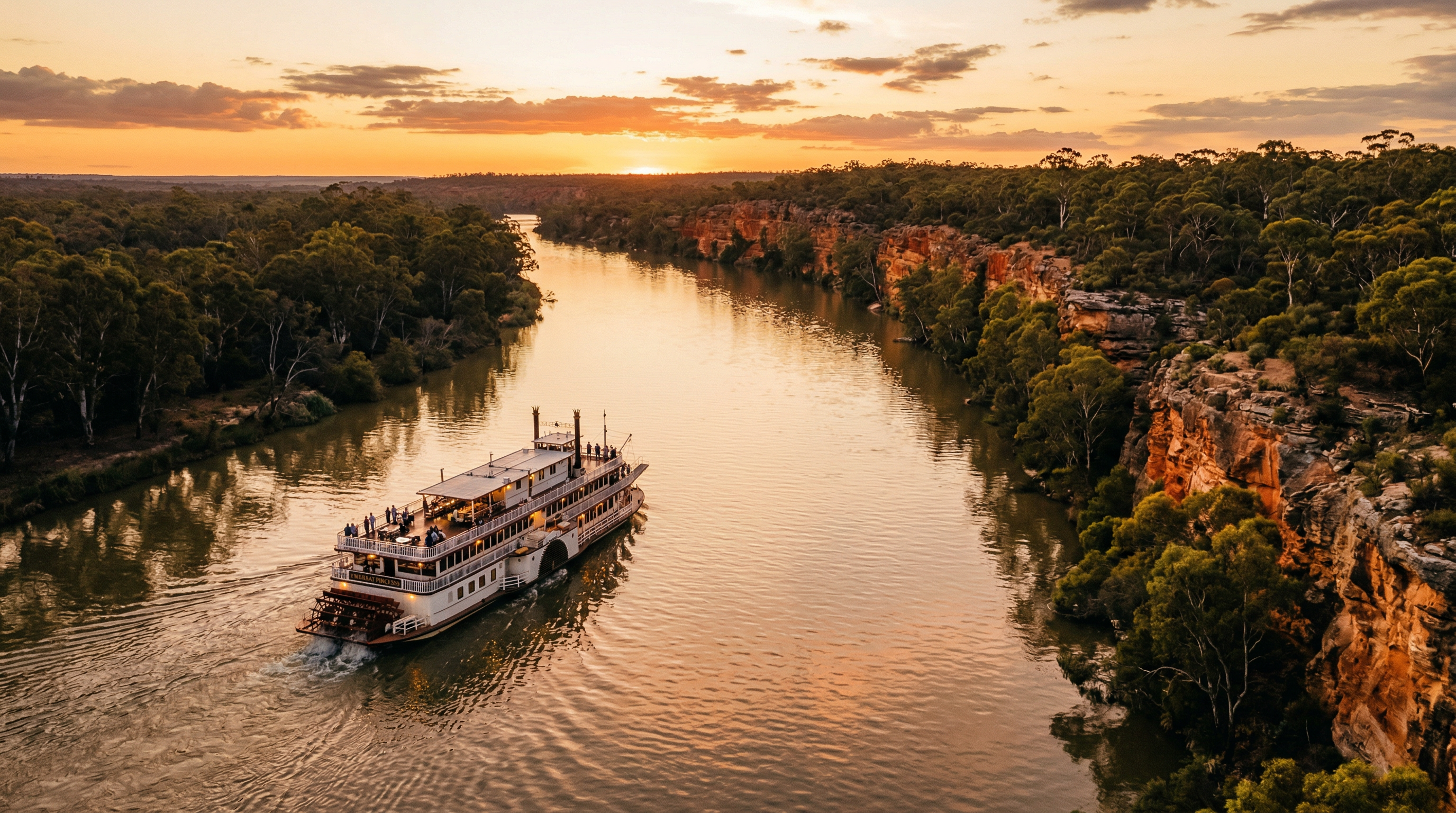 Aerial view of paddle boat cruising the River Murray at sunset with red limestone cliffs