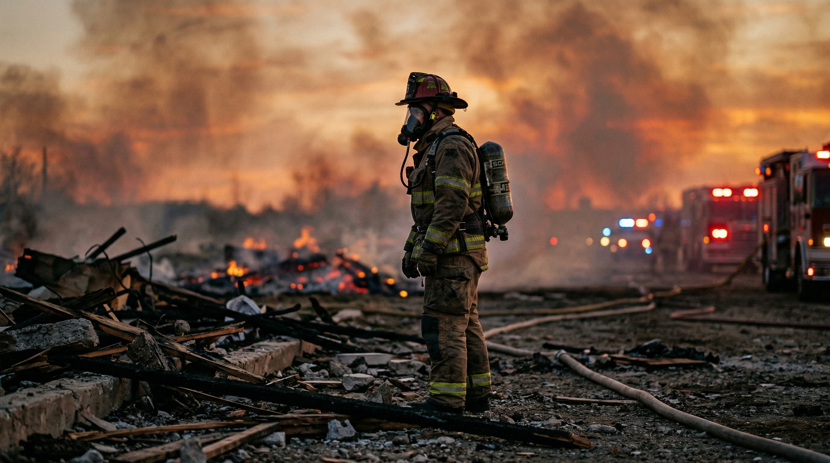 Firefighter standing amid emergency scene representing the first responders Responder Relief Fund serves
