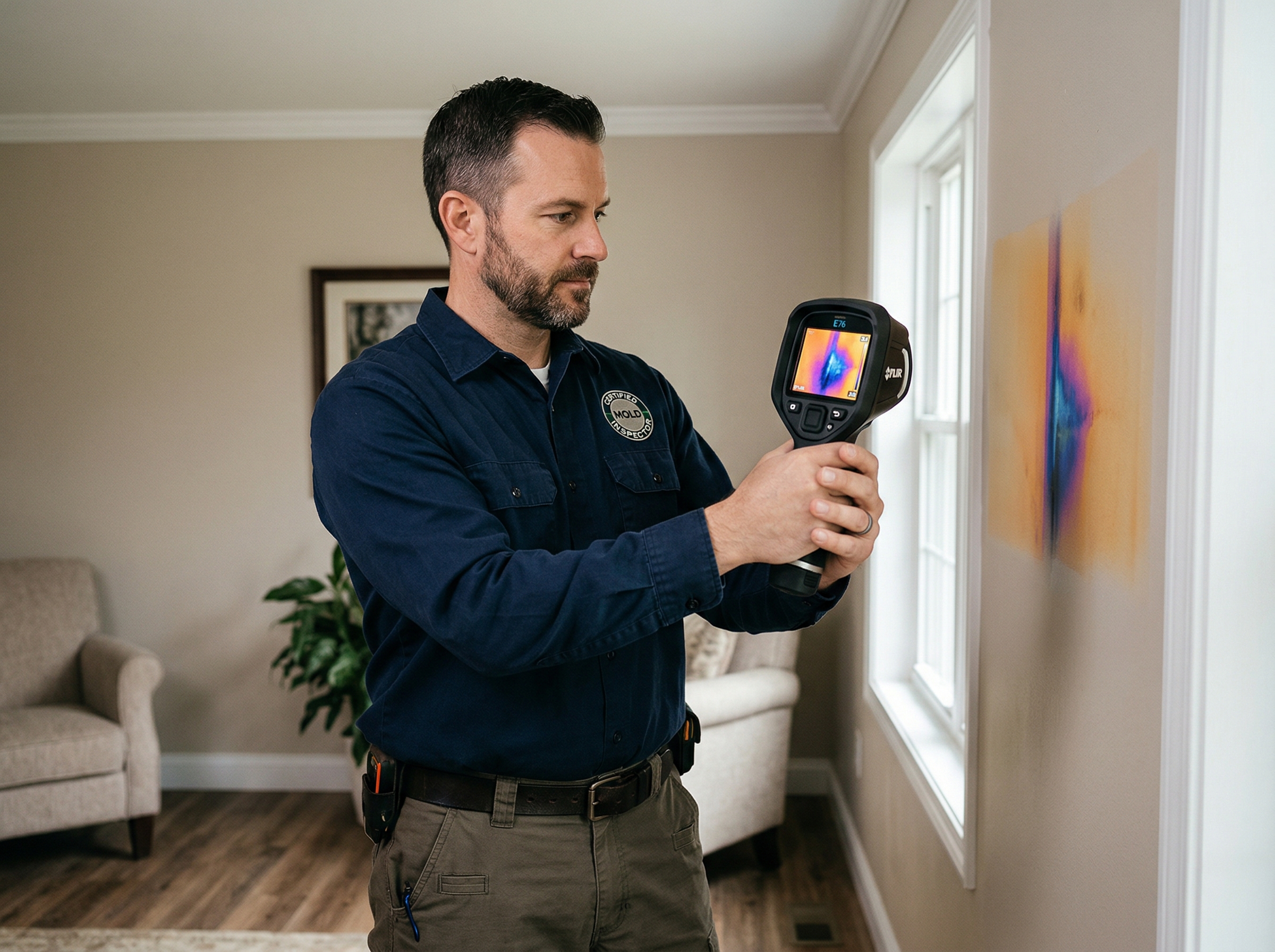 Certified inspector using FLIR thermal imaging camera near window