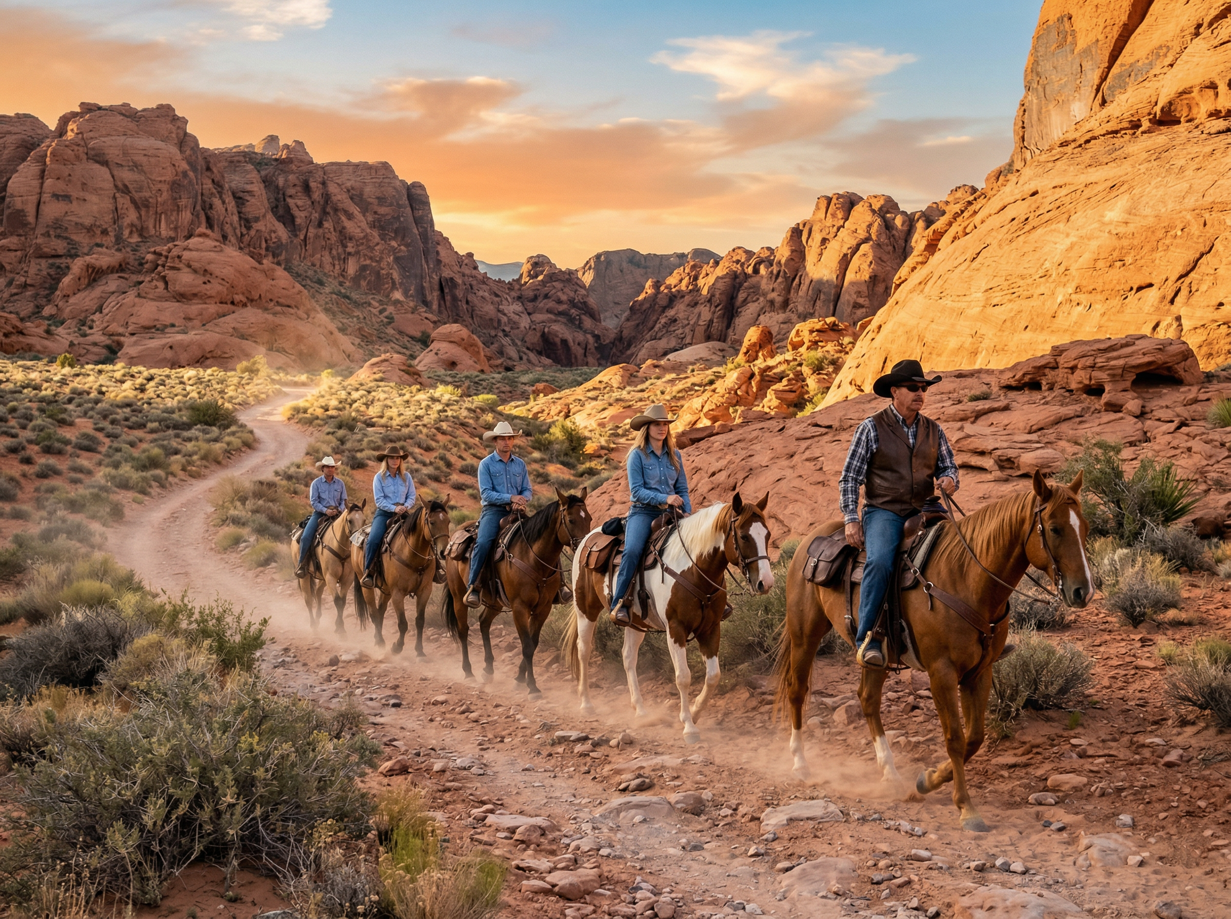 Group of riders on horseback exploring red rock canyon trails at golden hour near Las Vegas