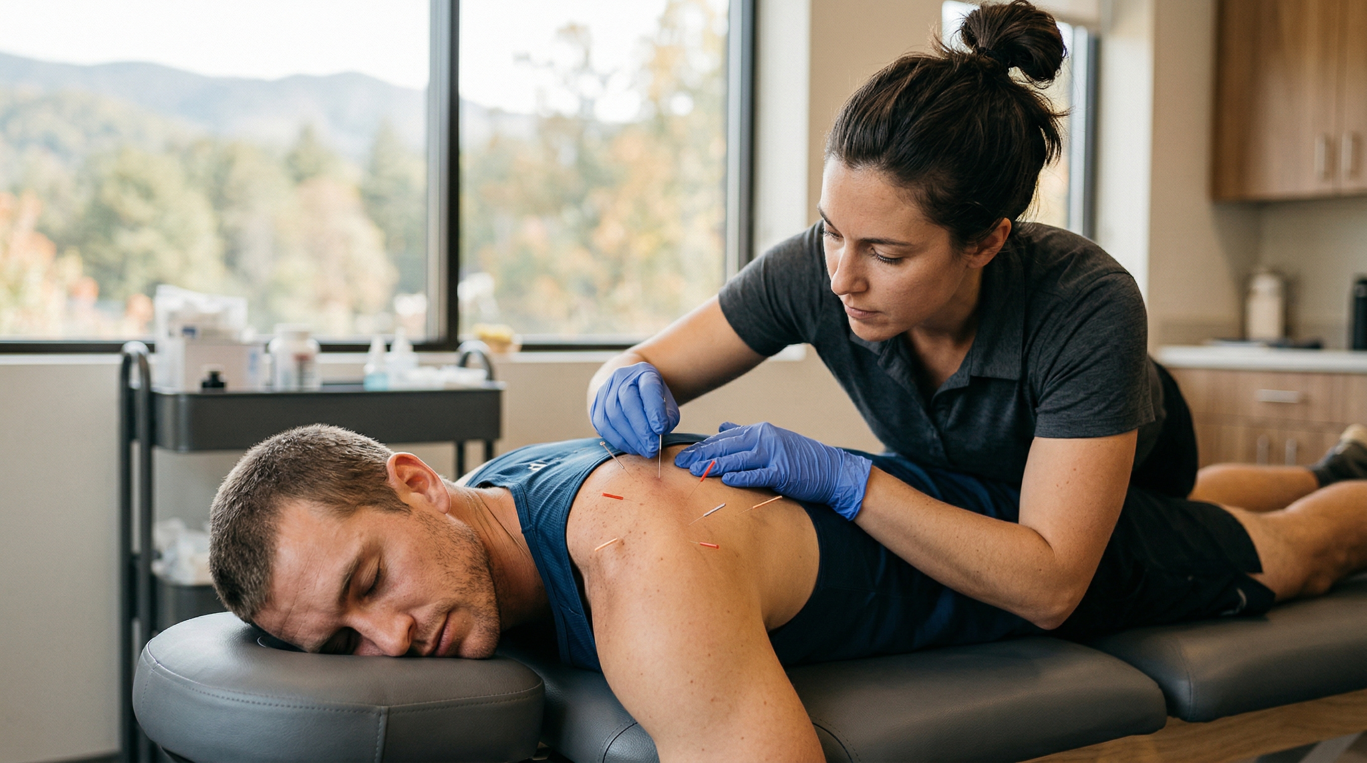 Physical therapist performing dry needling on an athlete