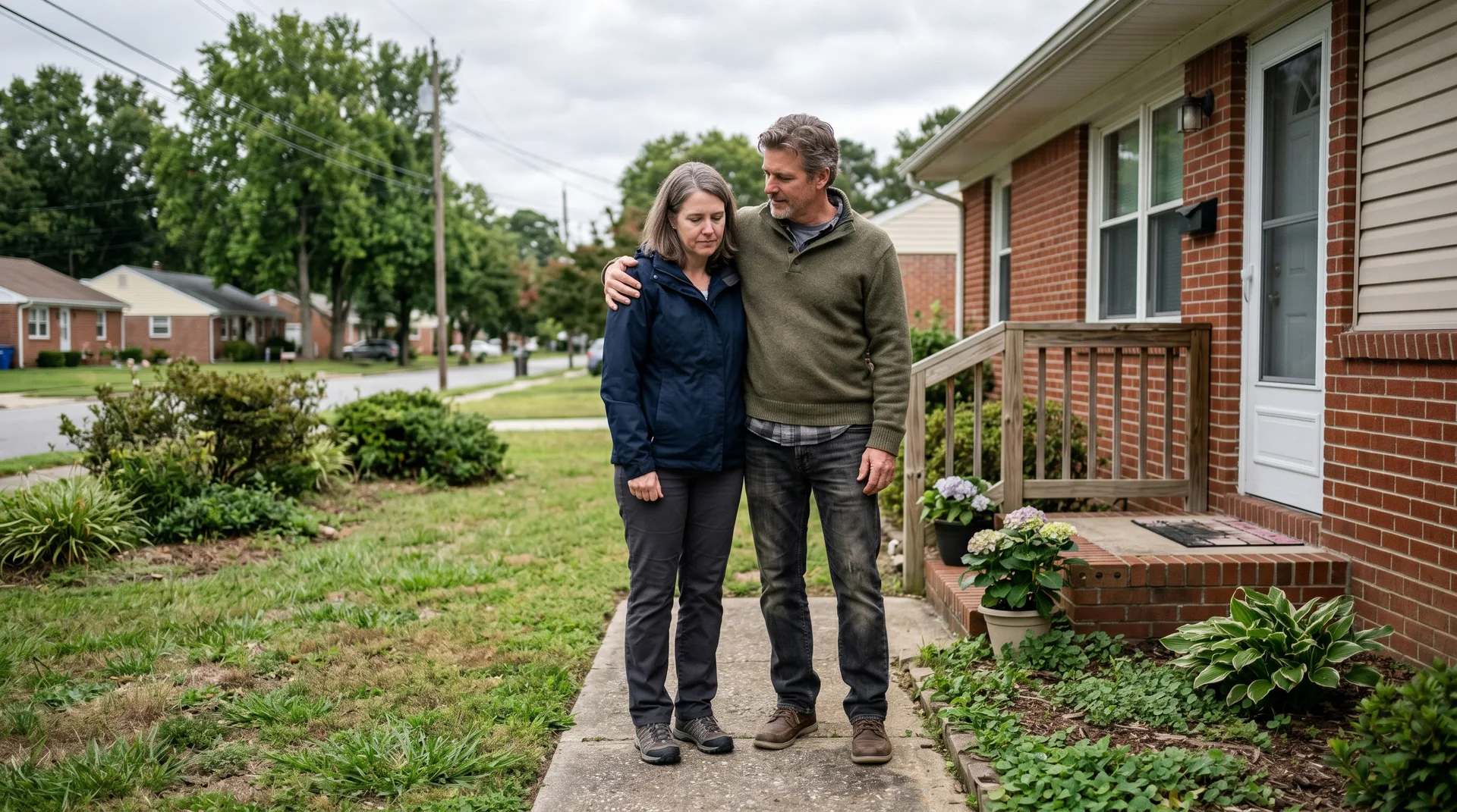 Two people supporting each other outside a home in a Virginia Beach neighborhood after a traumatic event