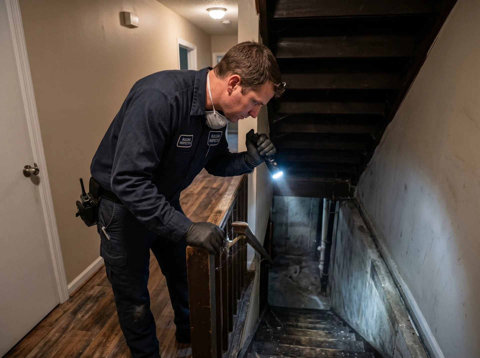 Mold inspector shining flashlight down basement steps to inspect for mold in Virginia Beach home
