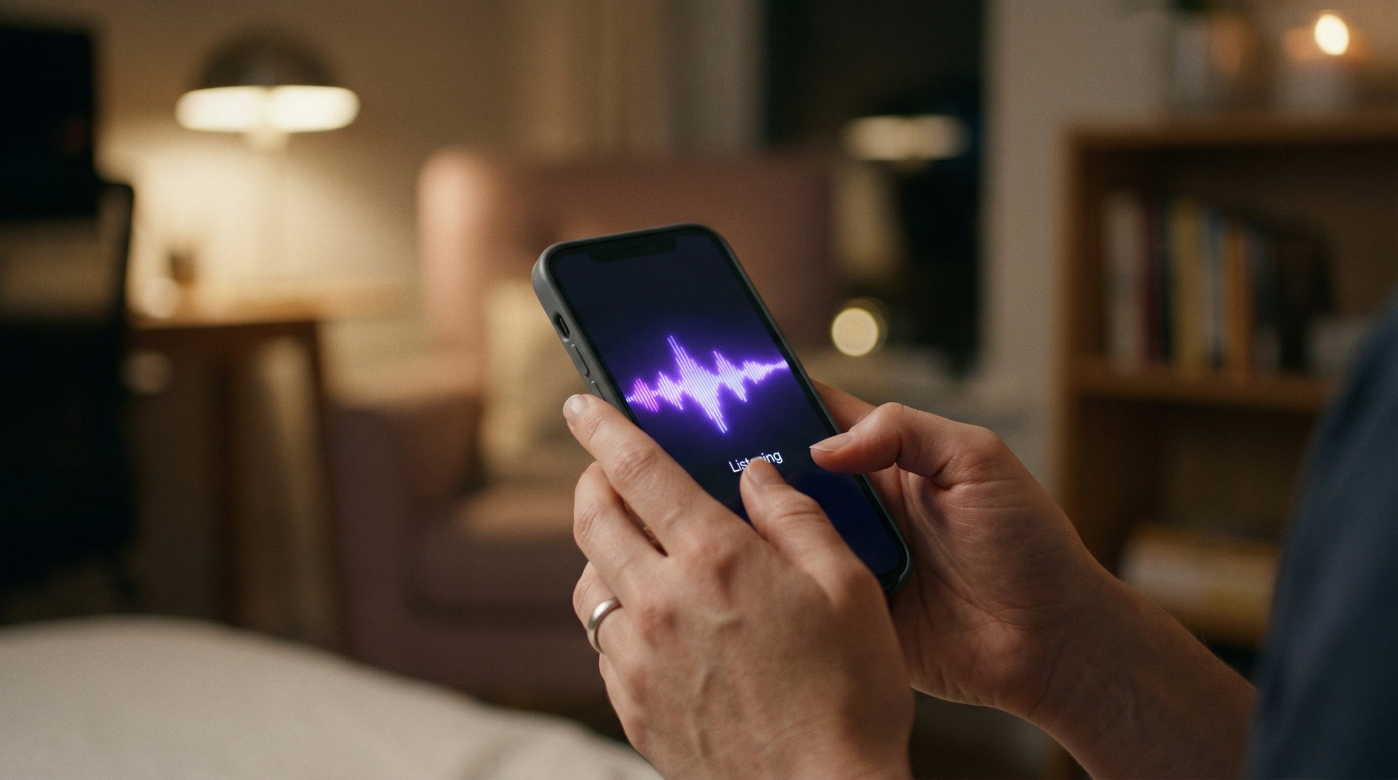 Person using voice journaling app on smartphone in a calm home environment