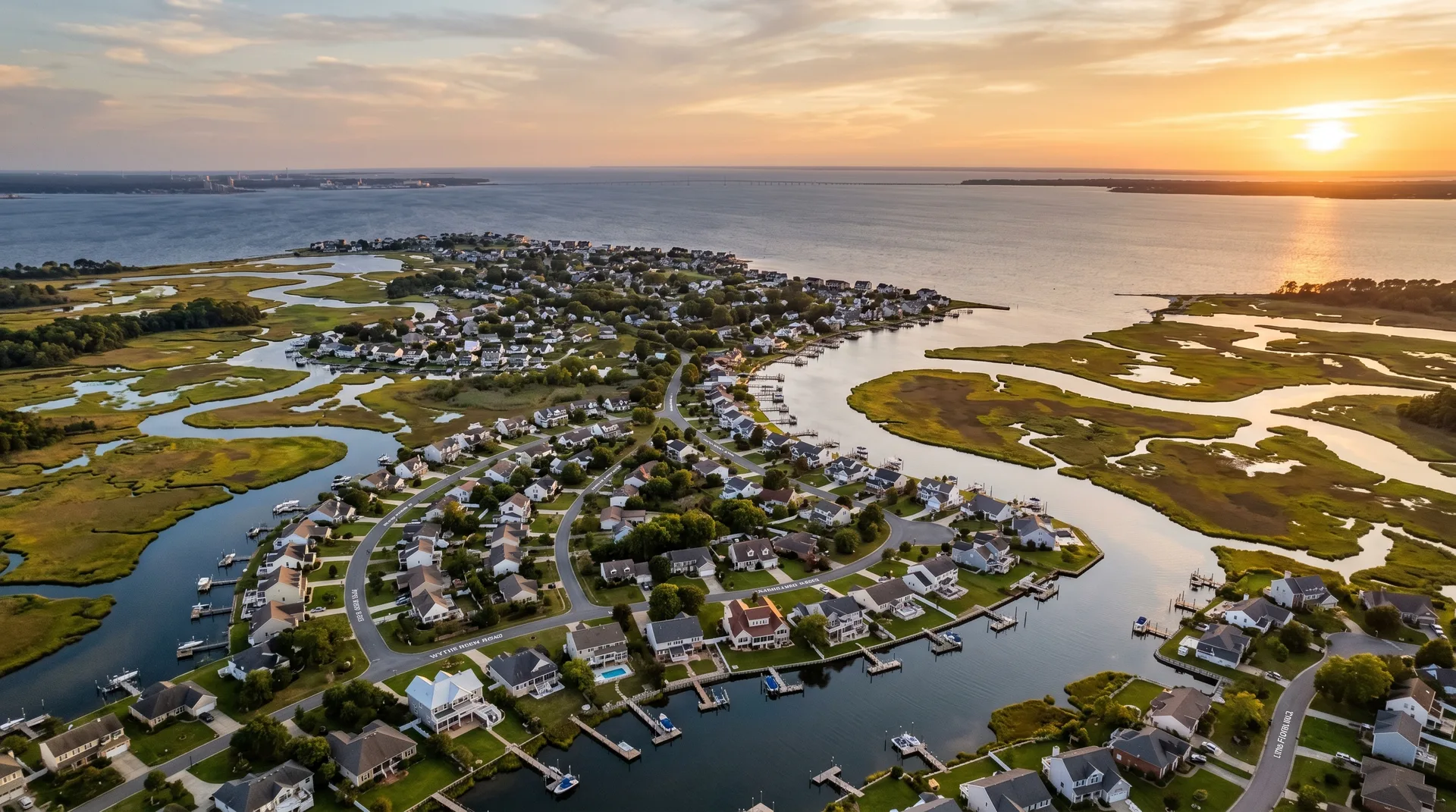 Aerial view of Poquoson Virginia coastal community with tidal marshland and waterfront homes