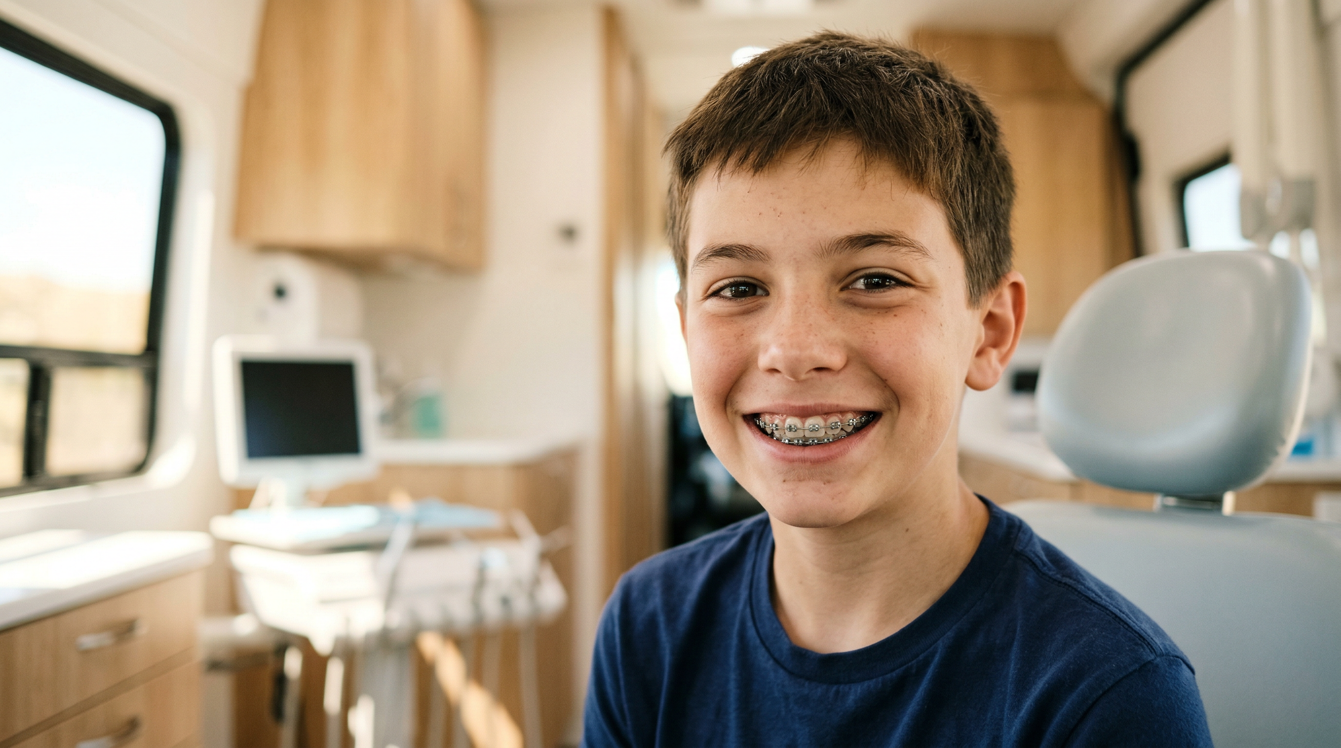 Happy child with dental braces smiling in a dental clinic