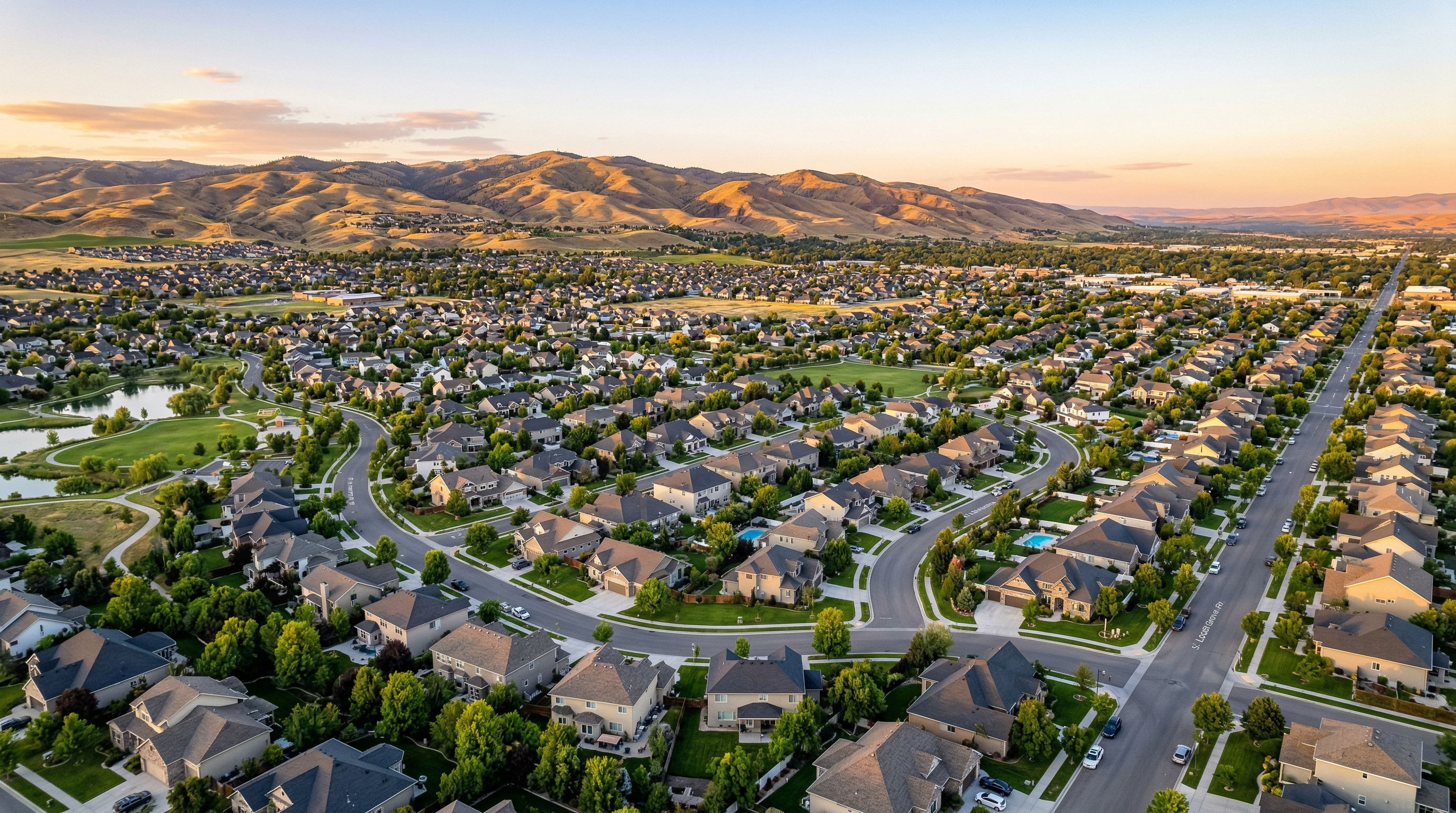 Treasure Valley Idaho neighborhood aerial view with Boise foothills at golden hour