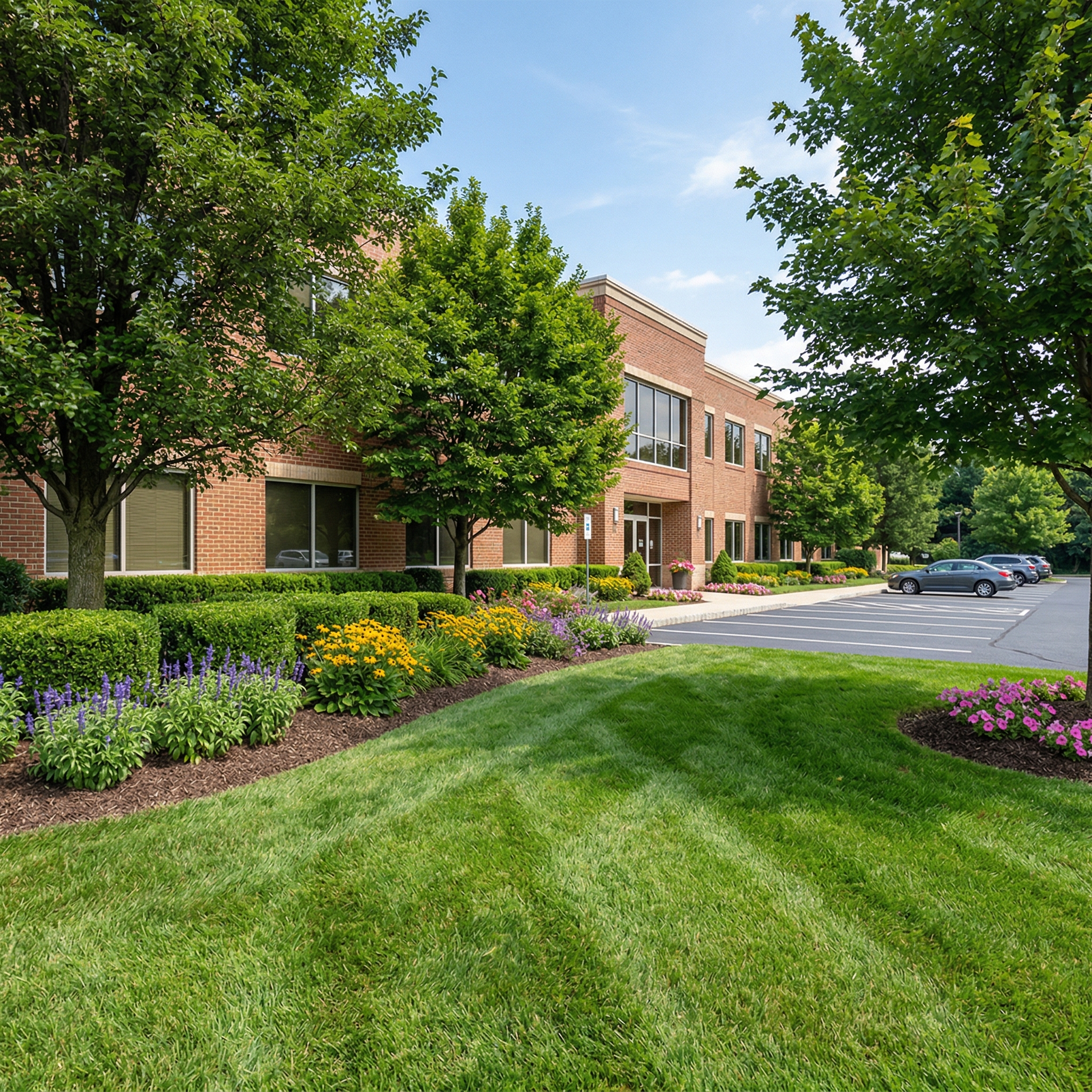 Beautifully maintained commercial landscape by Sunset Lawn and Landscape