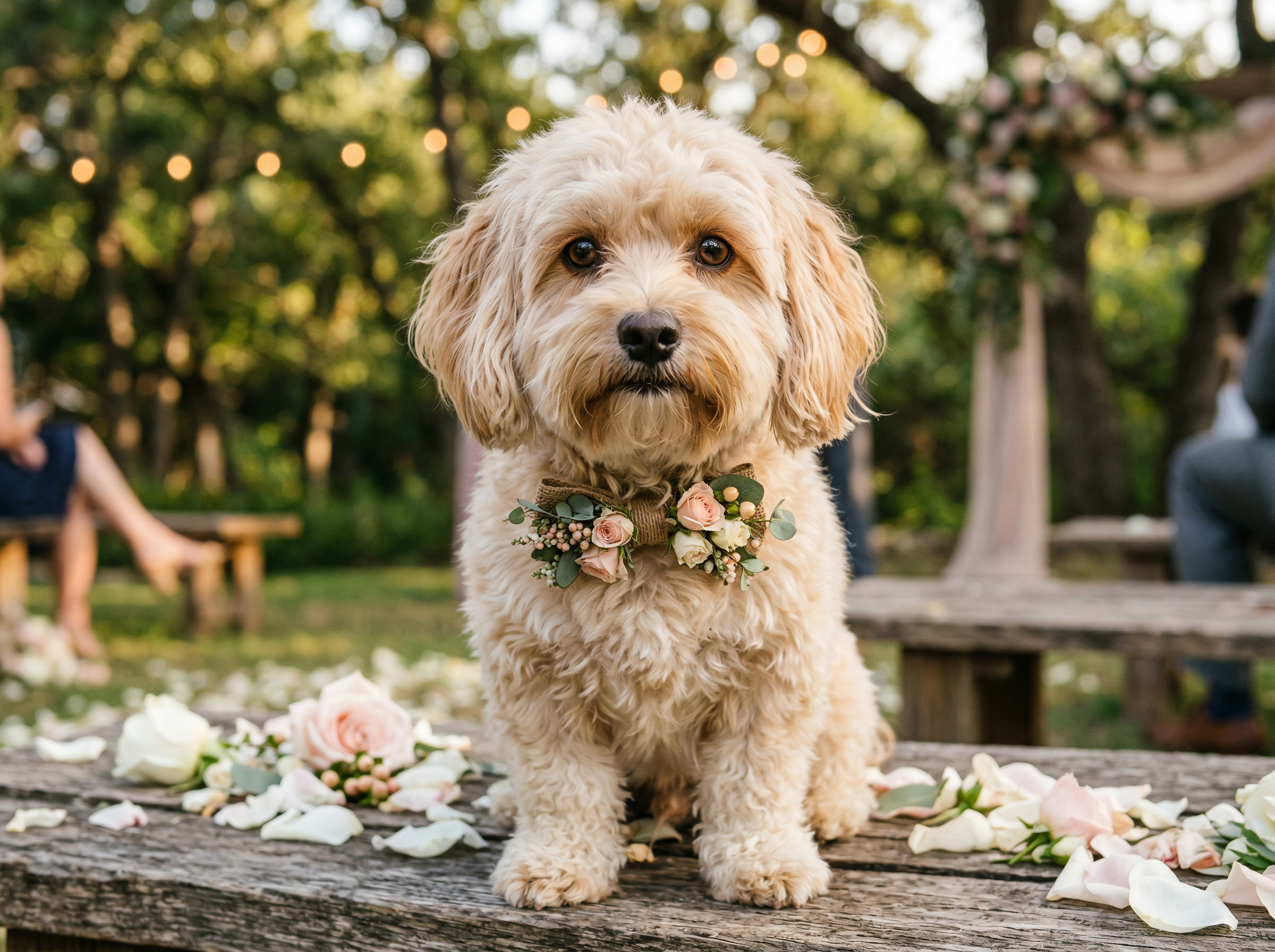 Adorable dog wearing a floral bow tie at a wedding ceremony