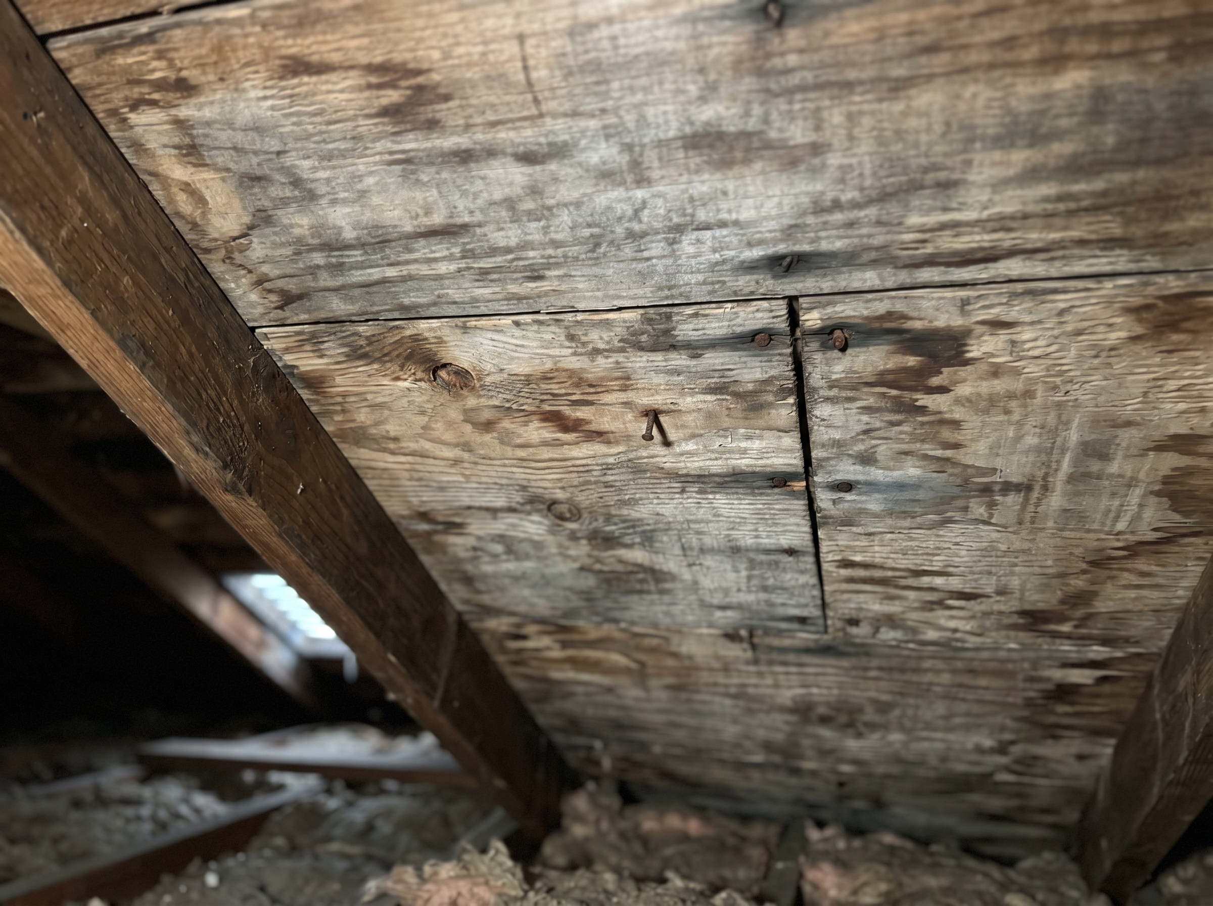 Close-up of attic roof sheathing showing gray and brown surface discoloration from moisture exposure
