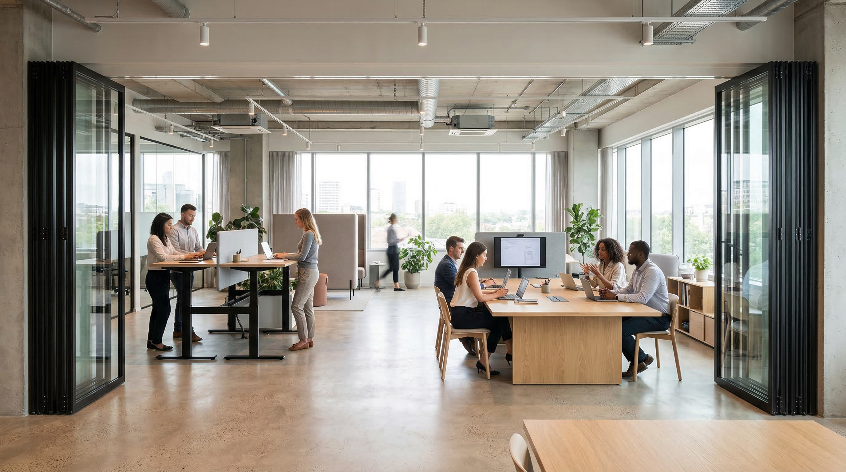 Open plan collaborative workspace with MG500 glazed folding walls fully retracted, staff working together