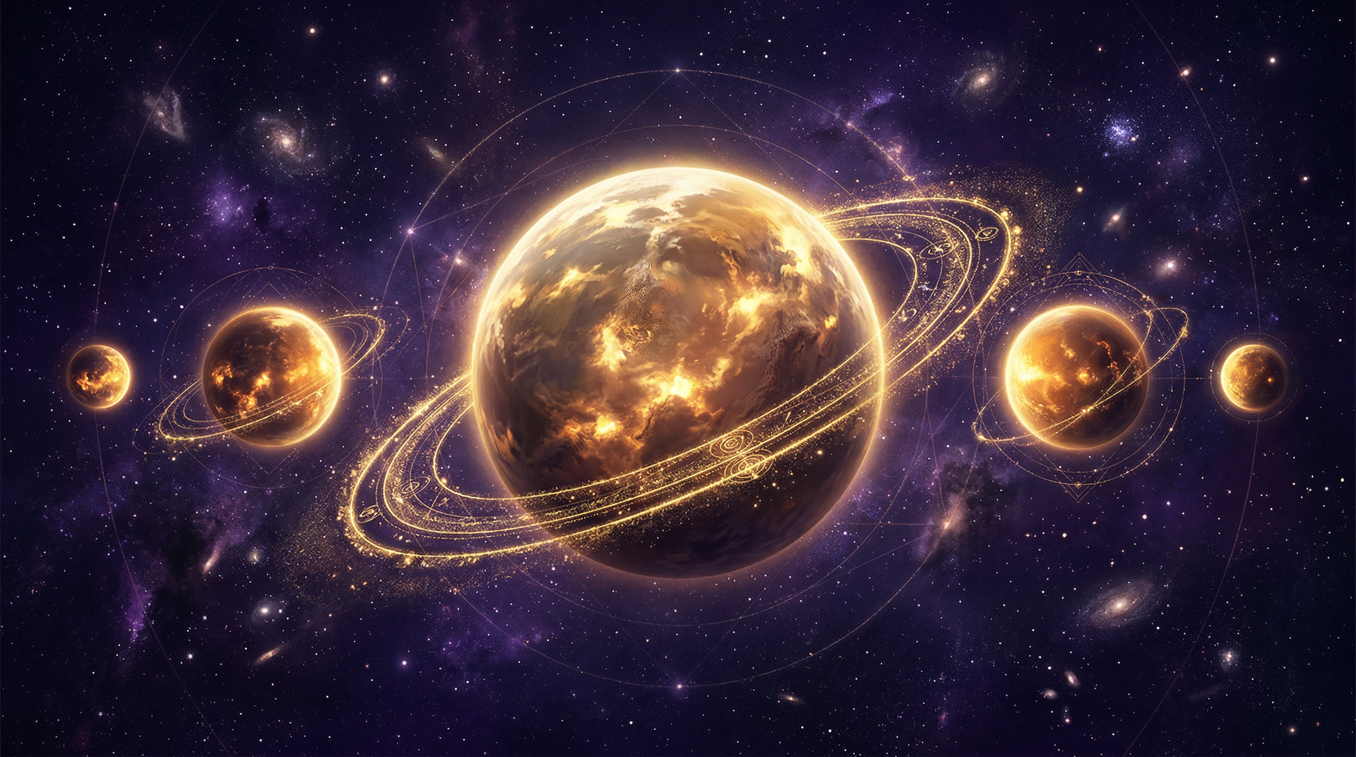 Golden planets aligned in deep violet cosmic space, representing celestial timing