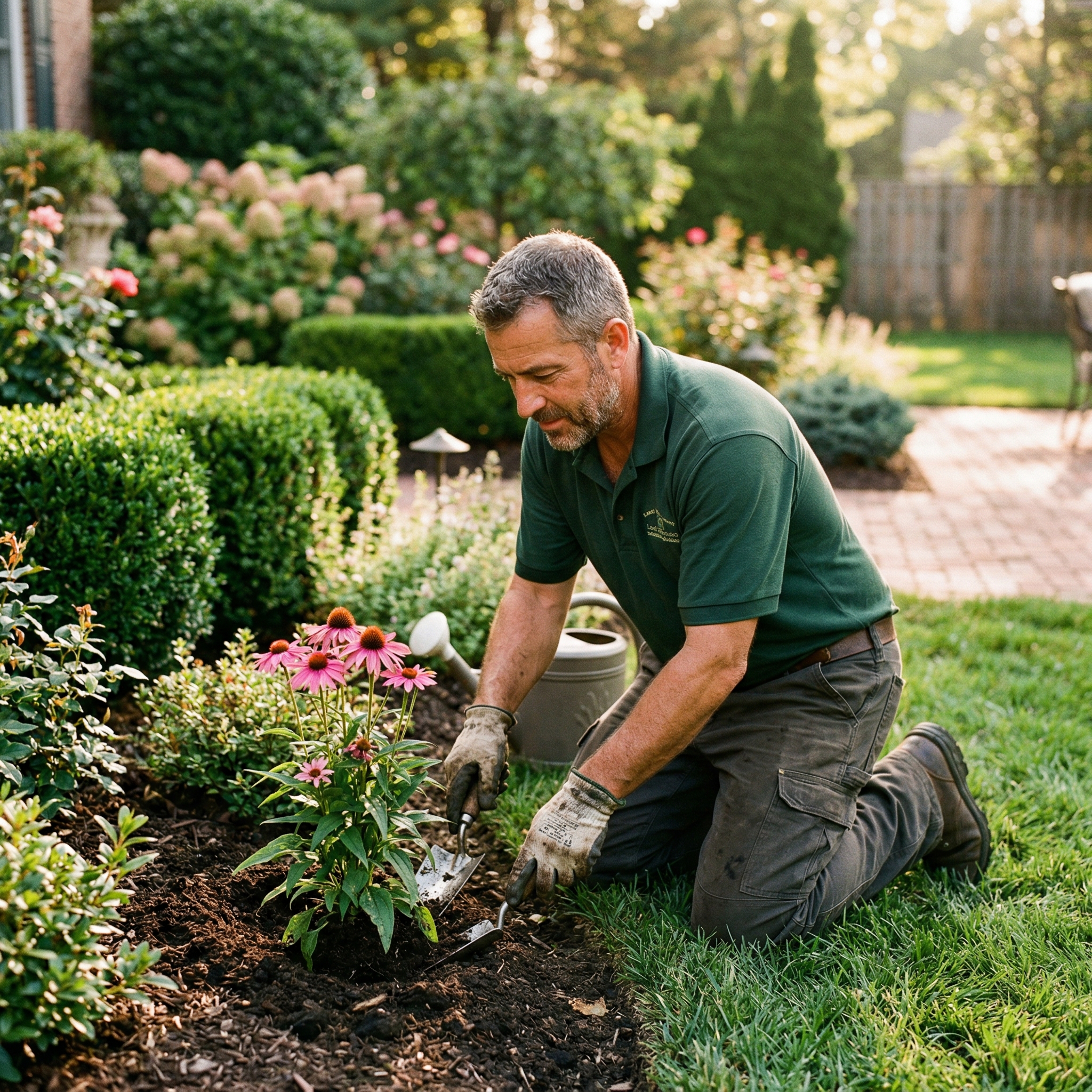 Sunset Lawn and Landscape professional worker tending garden