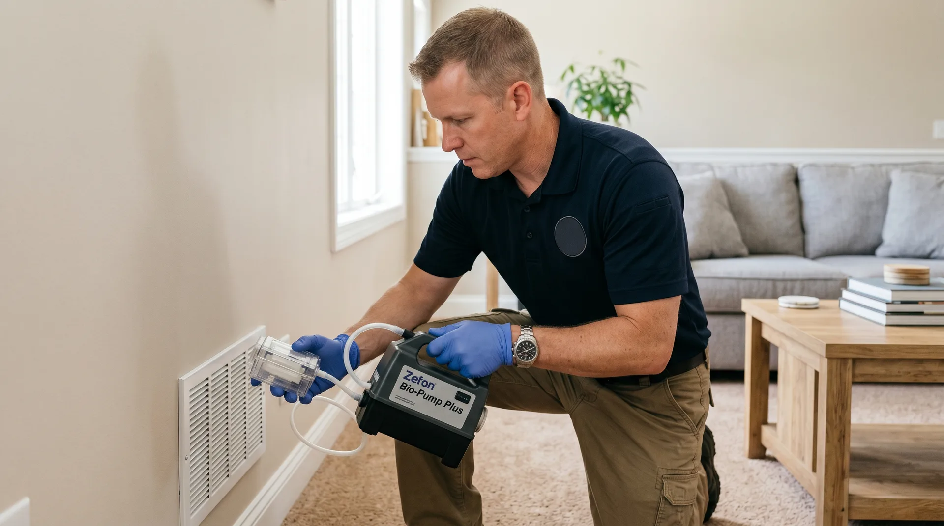 Professional mold inspector using an air sampling pump near a wall vent in a residential living room