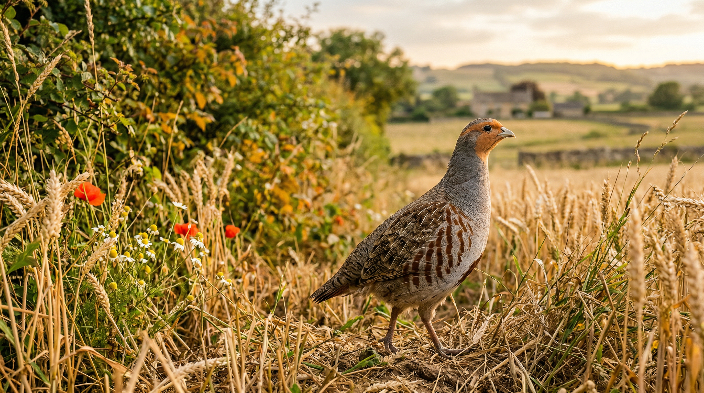 Grey partridge standing in a golden wheat field at the edge of a hedgerow in the Cotswolds countryside