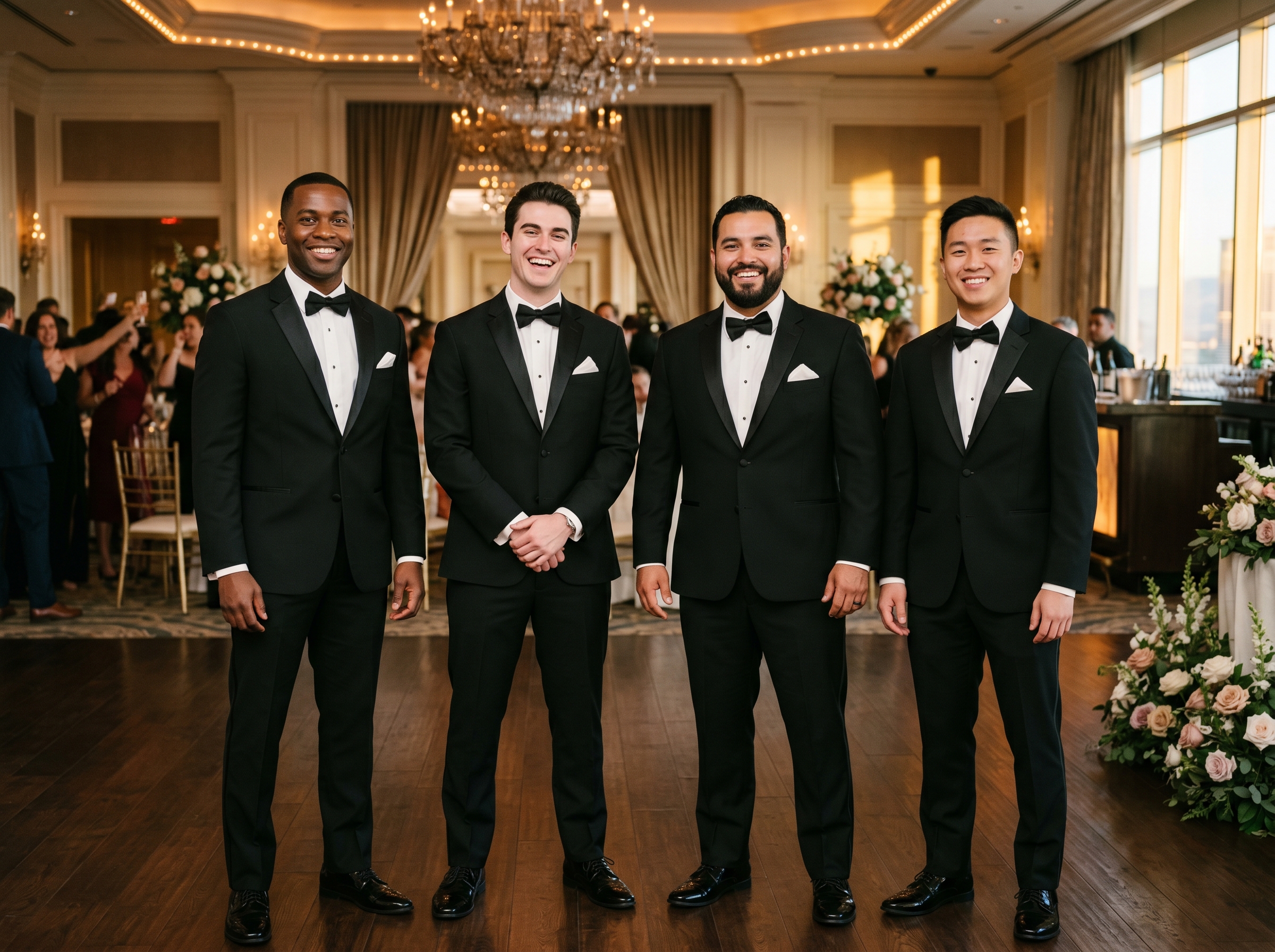 Groomsmen in matching black tuxedos at Las Vegas wedding venue