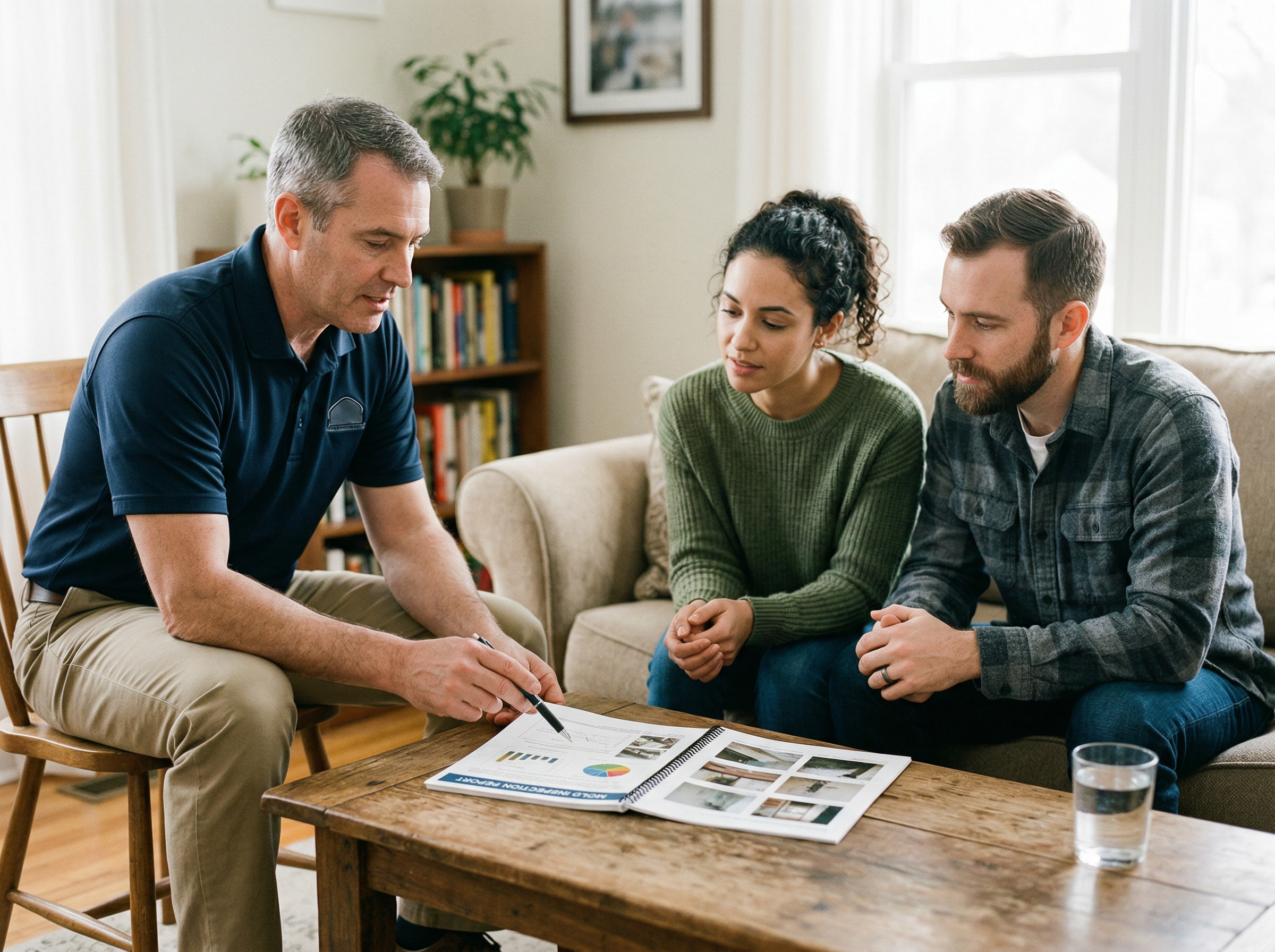 Mold inspector reviewing detailed inspection report with homeowners in living room, showing findings and lab results